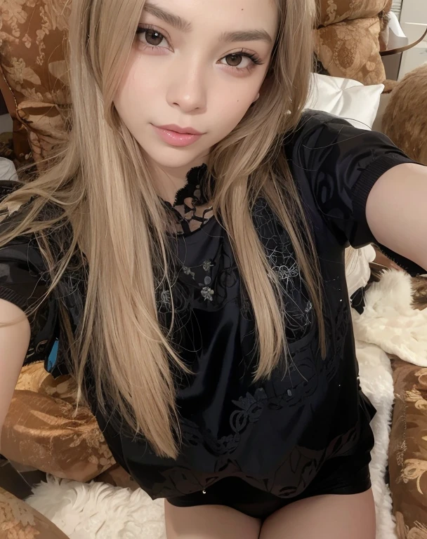 Chica de pelo rubio con camisa negra y pantalones cortos negros posando para una foto., imagen de muy muy muy baja calidad, tomada en 2 0 2 0, 8k selfie photograph, con cabello largo y rubio, she is about 1 6 years old, Hermosa Delphine, Cabello largo y rubio y ojos grandes, 2 4 year old female model, Cabello largo y rubio y ojos grandes, Lalisa Manobal