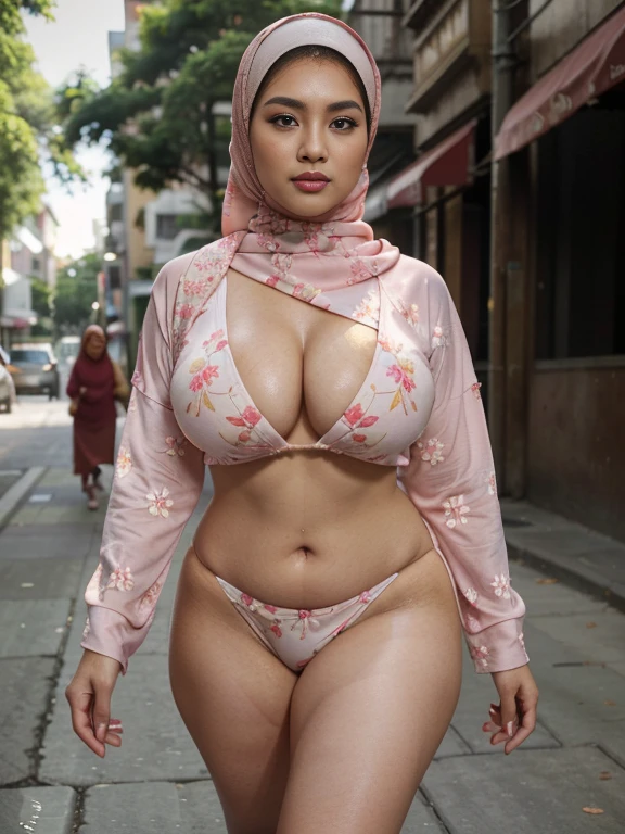 RAW, Best quality, high resolution, work: 1.3), beautiful Malay woman wearing a tight silk Malay gamis with pastel floral patterns in hijab, ,big breasts, (masterpiece, perfect slim body,(absurdres:1.3), walking (skin detail: 1.3 , facial details:1.3), looking towards the viewer, sharp focus, smooth, (Malay beauty:1.3), (mature woman:1.2), (large breasts:1.4, thick thighs:1.2, narrow:1.1), light smile, ( big_eyes:1.2, brown_eyes), red_eyeshadow, pink lips, looking at the viewer, street, (bokeh ),(sunlight o