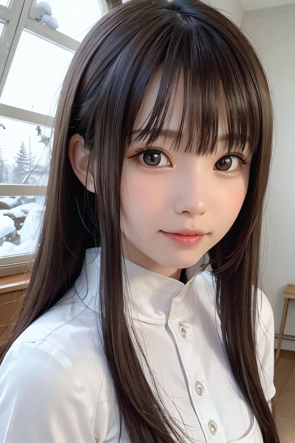 snow forest girl,Long hair.Black hair,Beautiful detailed eyes,Beautiful detailed lips,extremely detailed eye and face,longeyelashes,Traditional Illustration,Ultra-detailed,natural,Serene,Winter wonderland,Snowy trees,Sparkling snowflakes,Best Quality,8K,hight resolution,masutepiece:1.2,Ultra-detailed,Realistic:1.37,Snowy landscape,Soft pastel colors,The tree々Warm sunlight shining in from between,subtle shadows,peaceful,tranquil,An enchanted forest.Japanese 12 years old girl