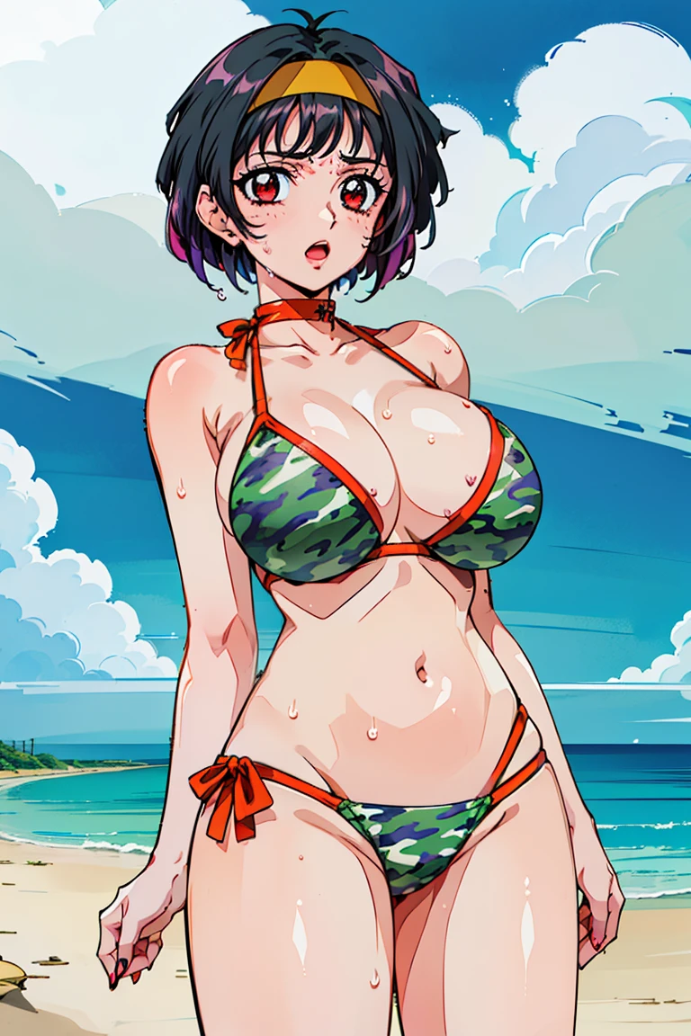 ((Lyoko, Red Eyes, Short hair, Black hair, breasts, shairband)), Anime cel drawing style, Best Quality, High resolution,Sexy,Erotic,(Bikini with camouflage pattern:1.3), Huge breasts, ,(the beach:1.3), Cowboy Shot, blush, lightsmile, :o,(Mass sweat:1.4),(dynamicposes:1.3)