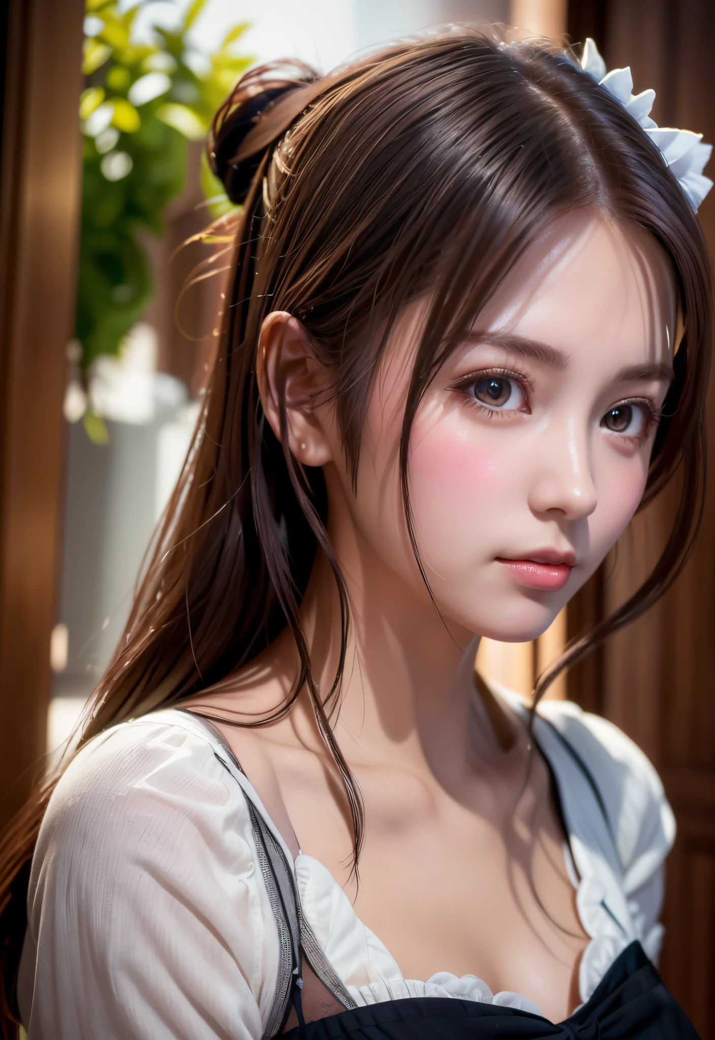8K, of the highest quality, masutepiece:1.2), (Realistic, Photorealsitic:1.37), of the highest quality, masutepiece, Beautiful young woman, Pensive expression,、A charming、and an inviting look, Cute Maid Clothes, Hair tied back, Cinematic background, Light skin tone