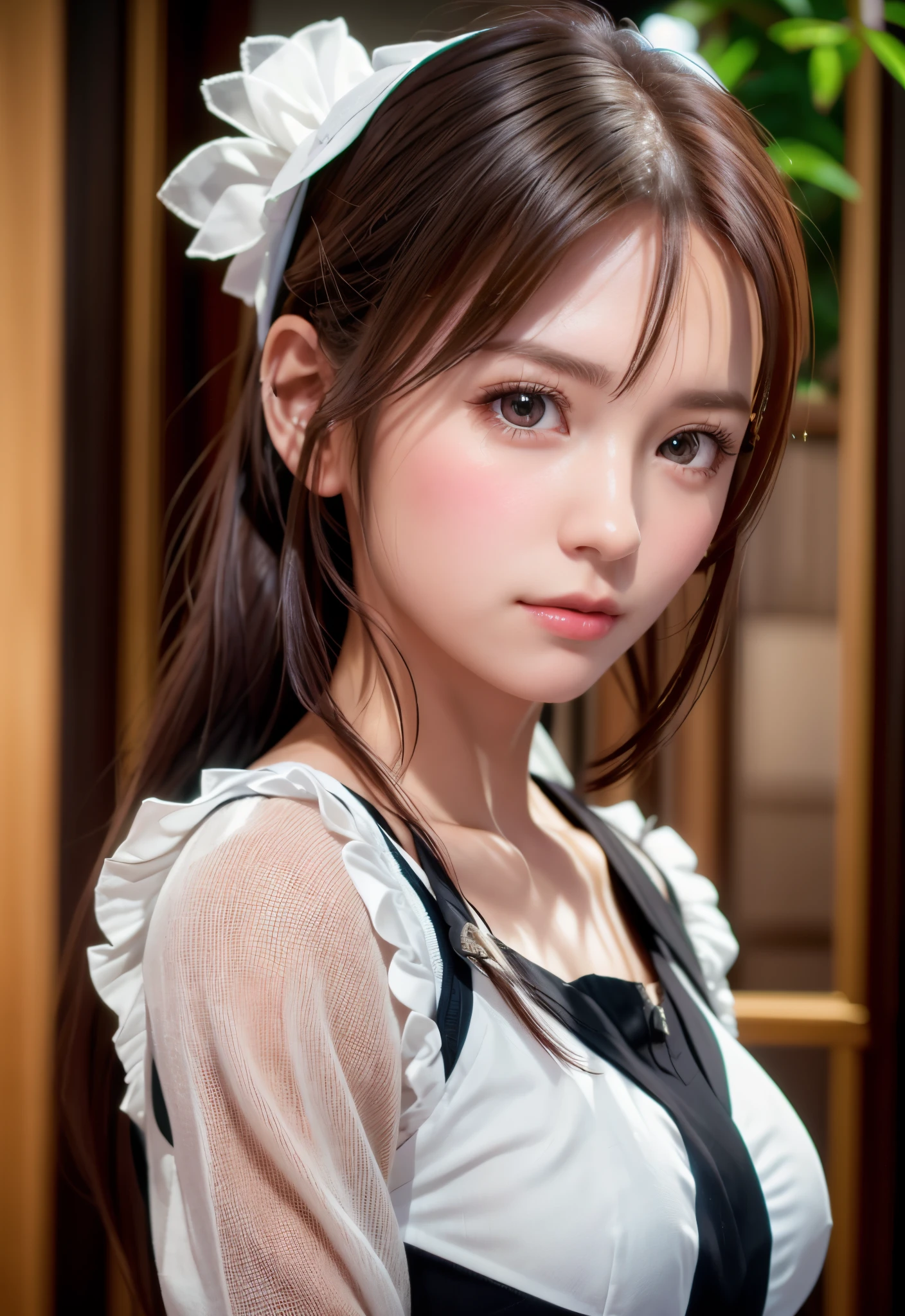 8K, of the highest quality, masutepiece:1.2), (Realistic, Photorealsitic:1.37), of the highest quality, masutepiece, Beautiful young woman, Pensive expression,、A charming、and an inviting look, Cute Maid Clothes, Hair tied back, Cinematic background, Light skin tone