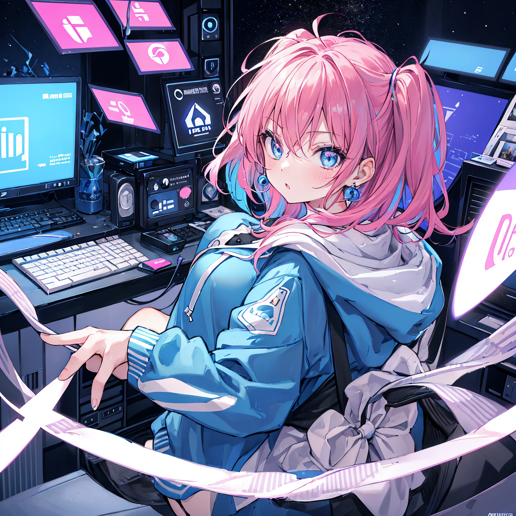 mika pikazo, 1girl, blue eyes, blue hoodie, computer, earrings, hood, hoodie, jewelry, keyboard (computer), logo, logo parody, mouse (computer), multicolored eyes, pink hair, recycle bin, solo, white background, yellow eyes, ,