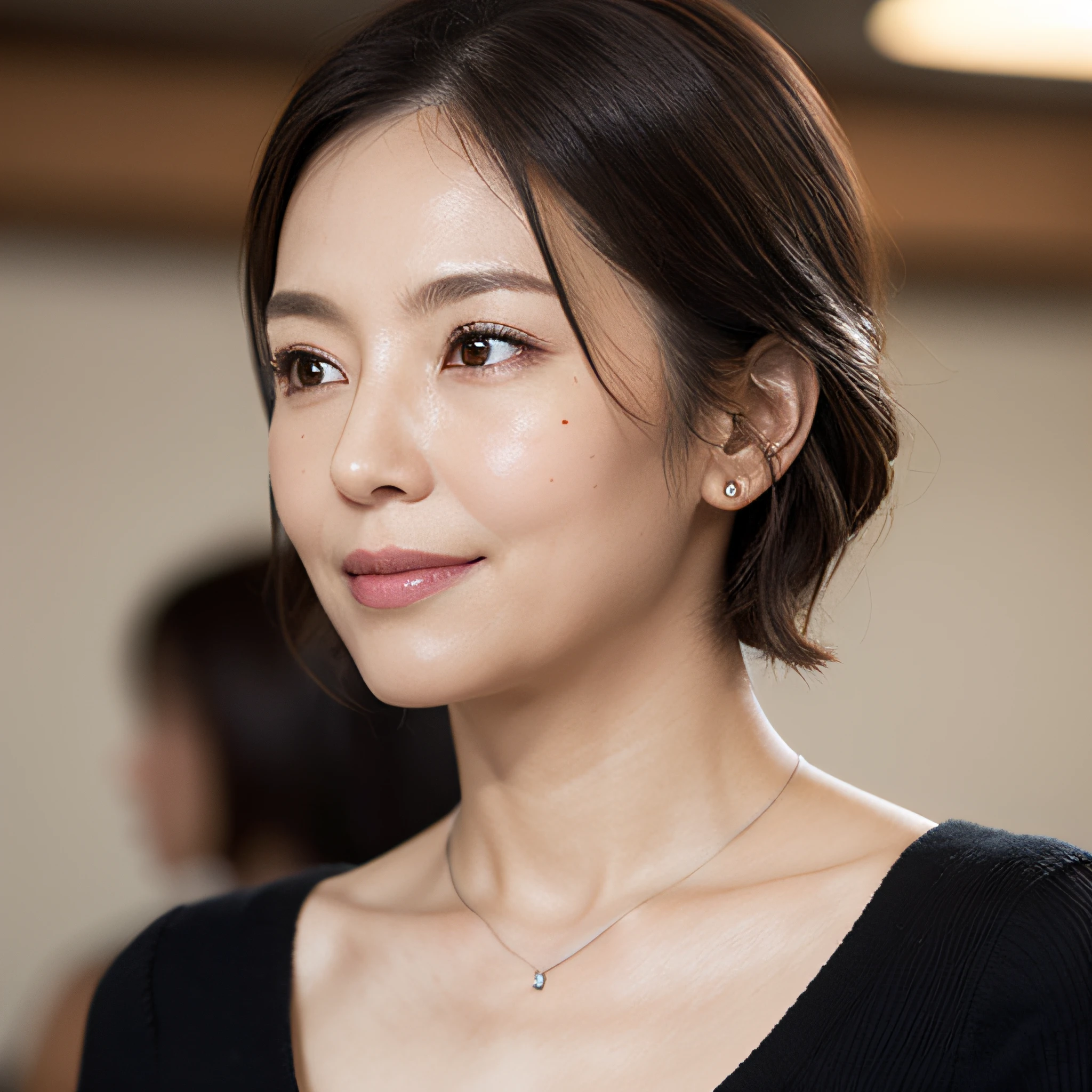 (8K, top-quality, ​masterpiece:1.3, 超A high resolution, A hyper-realistic), High Detail, (Face like the real thing), realisitic, Photorealsitic:1.37, Raw foto, ((one beautiful women)), Detailed face, beautidful eyes, realisticeyes, Eyes in Beautiful Details, (real looking skin), Beautiful skins, enticing, depth of fields, hight resolution, High pixel count, ((Sideways face, Looking away, Don't look your audience in the eye, Don't look at the camera)), fashionable cafe, The background is also in the picture, clear details, sharp photo, Natural color reproduction, Noise Reduction, High fidelity, Small pendant in silver color, A small necklace in silver color, (Wine-colored light knit U-neck shirt, Neat and clean clothing, Clothing that makes it difficult to see the chest, Clothing that makes it difficult to see the chest, Clothes with hidden breasts), small tits, Sexy lips, Ears are visible, a smile, kindly smile, Beautiful skins, enticing, the golden ratio, (Detal Face:1.2), profetional lighting, Lighting the face, best light, japanes, A Japanese Lady, Japan Mature Woman, a matural female, Short Bob Hair, ((sixty years old, Beautiful, Wrinkles on the face, Wrinkles at the corners of the eyes, Nasolabial fold wrinkles, Small wrinkles, Beautiful, Beautiful Aunt, Moderate moles, Small mole on the face)), The whole picture, Overall photo, Photo from the waist up