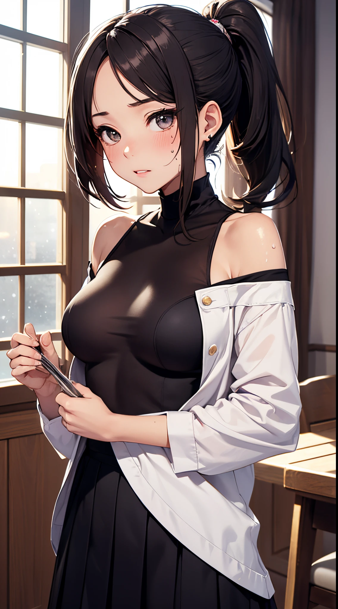 tmasterpiece, Top image quality, A high resolution、独奏、Chopping，Off-the-shoulder attire，Large breasts，small tit、校服、High ponytail hairstyle、No bra、Sweaty face、Latino, puberty,Winters，Yuki