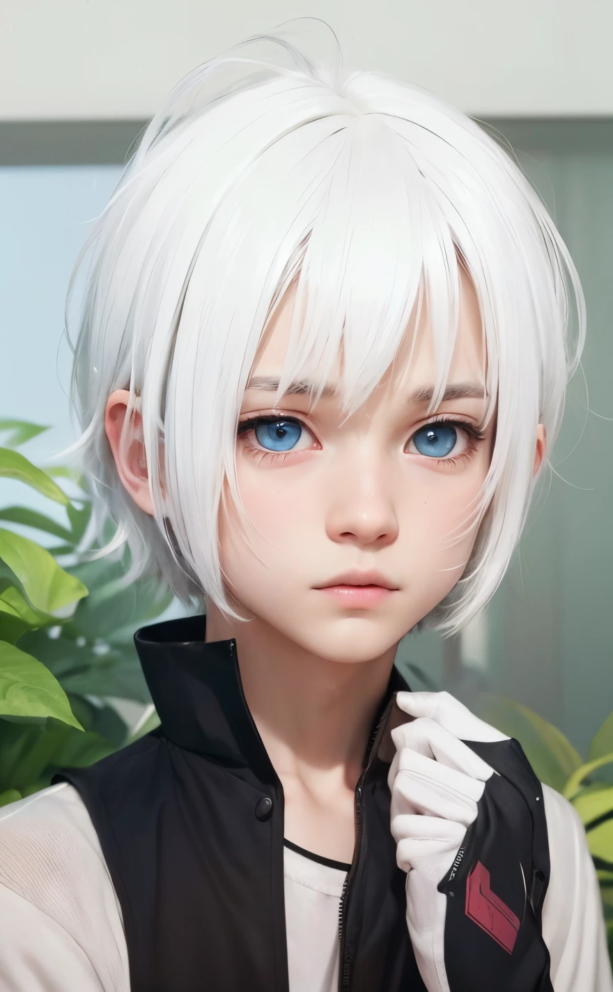A boy with realistic white hair, (same realistic hairstyle), realistic handsome face, realistic cool expression, adapts the same realistic clothes, realistic light, realistic shadows, realistic background, realistic good image quality, very good image results, 4k, ultra detail, realistic