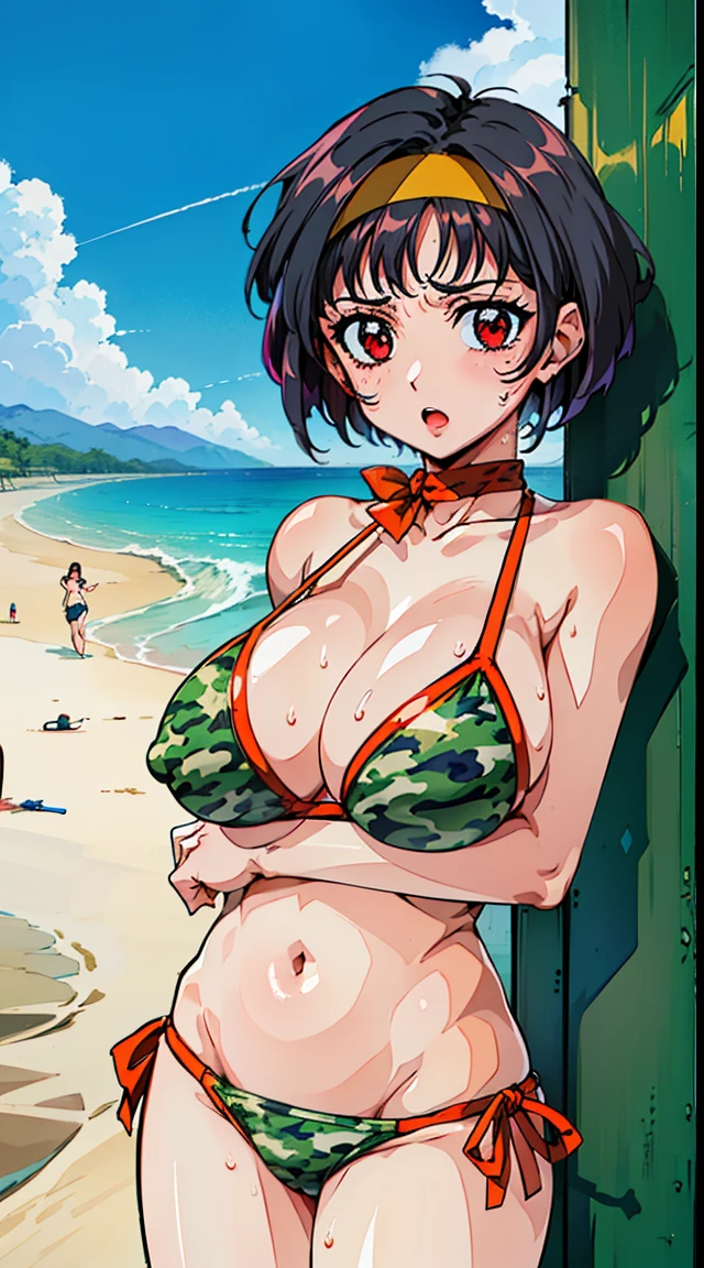 closeup cleavage,shof off nipples,((Lyoko, Red Eyes, Short hair, Black hair, breasts, shairband)), Anime cel drawing style, Best Quality, High resolution,Sexy,Erotic,(Bikini with camouflage pattern:1.3), Huge breasts, ,(the beach:1.3), Cowboy Shot, blush, lightsmile, :o,(Mass sweat:1.4),(dynamicposes:1.3)