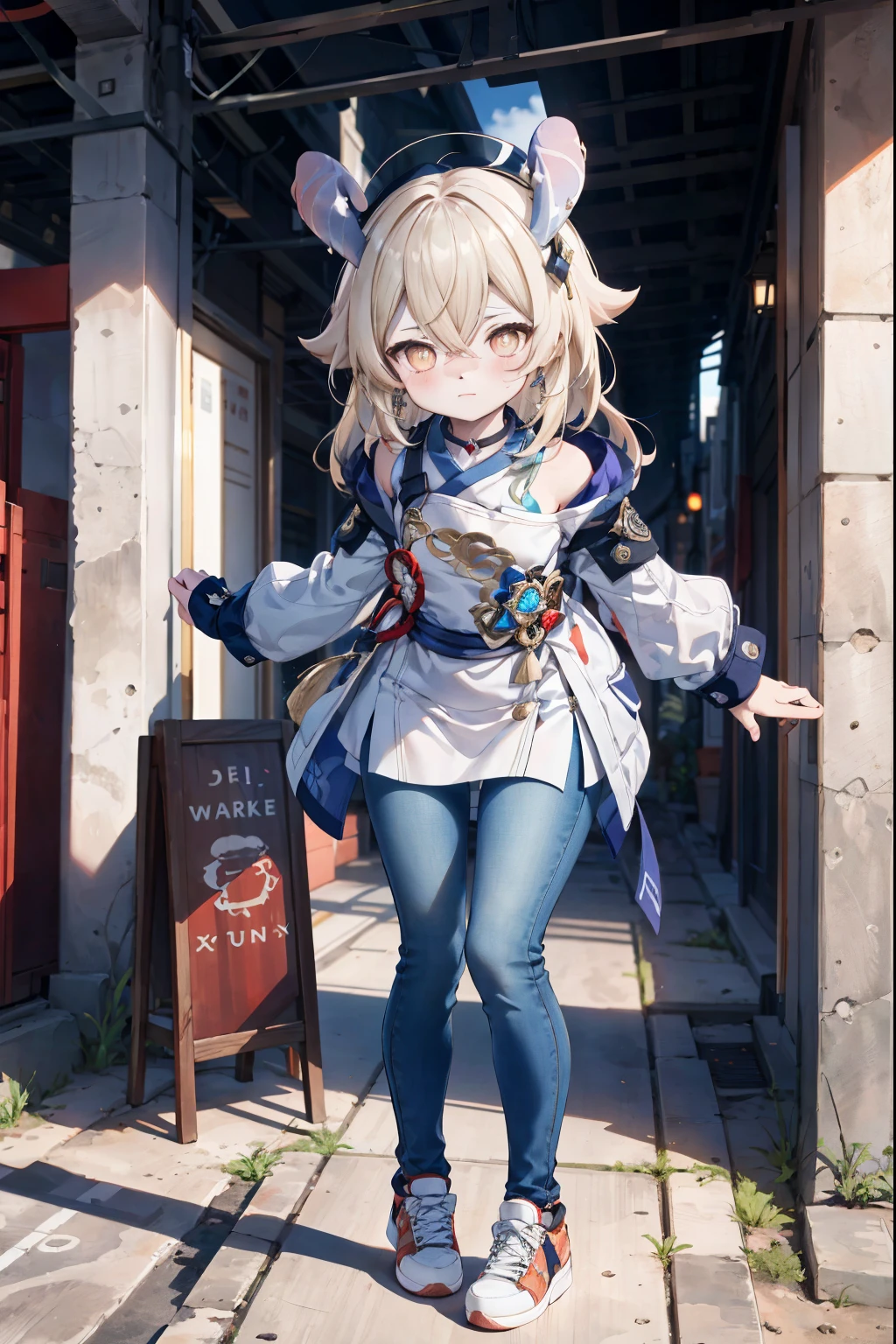 Melousine (genshin impact), masterpiece, bestquality,3 girl,young girl, pomelo buds, Ash Blonde, long-haired,unstable _Front,oily shiny skin,flat chest,nice leg line:1.3,thick thighs, thin-waist,, red_streaks_light_wrap_dress, white_platform_sneakers, woven_El_bag, straw_headgear, gold_hoop_earrings, jacket, long jeans city scenery,looking at the audience,From Top:1.2,dynamic angle