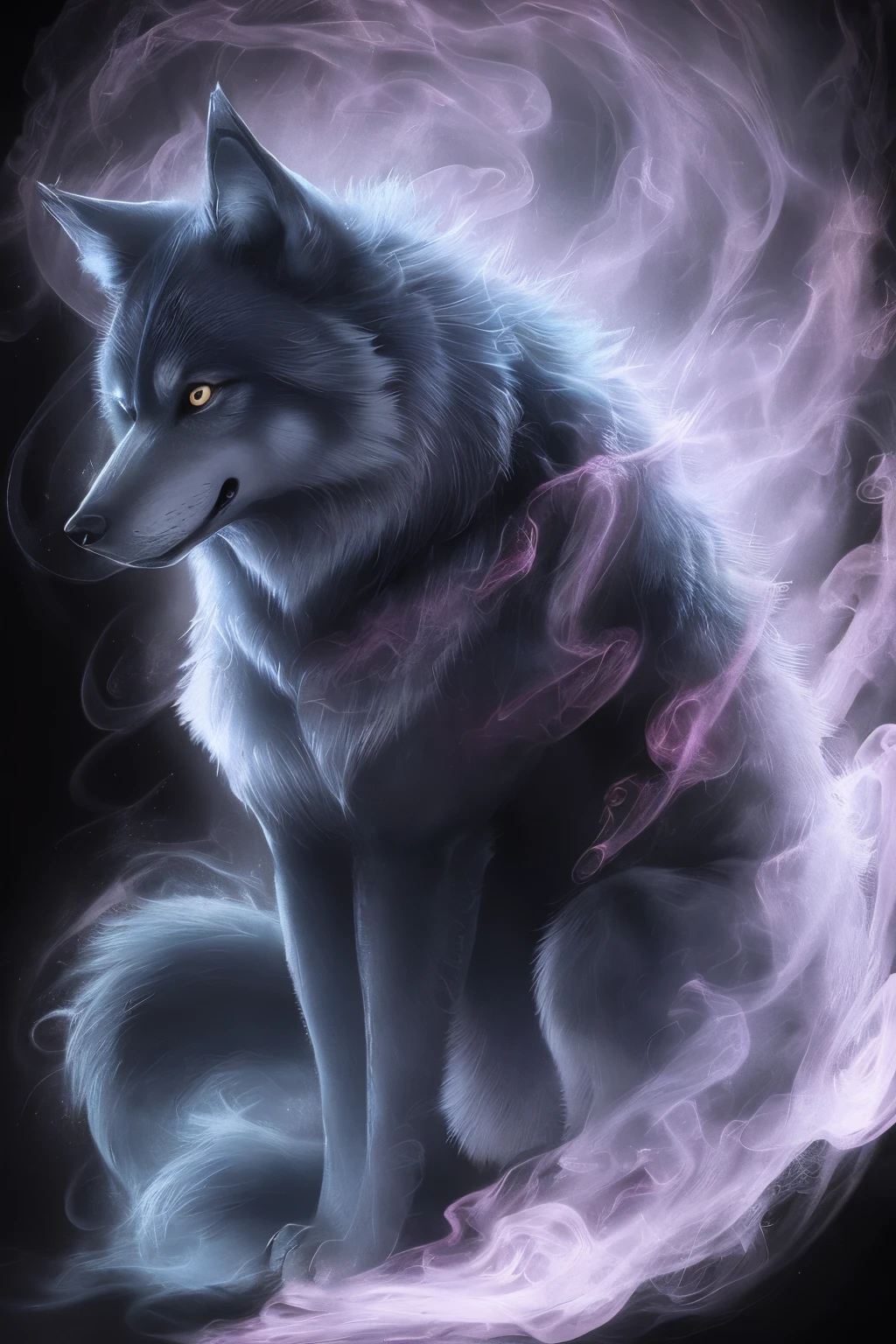 bioluminescent wolf made of orange|crimson|purple smoke dark blue|Lilac background
