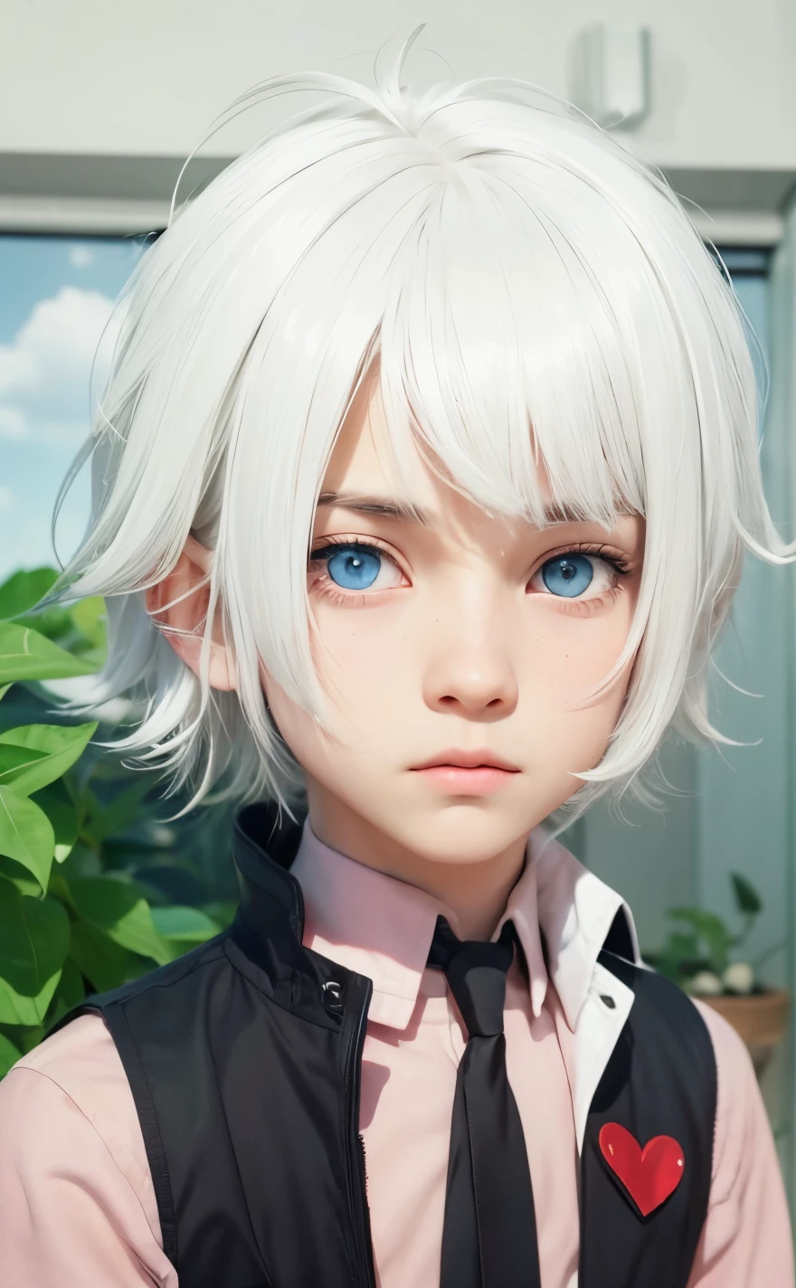 A boy with realistic white hair, (same realistic hairstyle), realistic handsome face, realistic cool expression, adapts the same realistic clothes, realistic light, realistic shadows, realistic background, realistic good image quality, very good image results, 4k, ultra detail, realistic