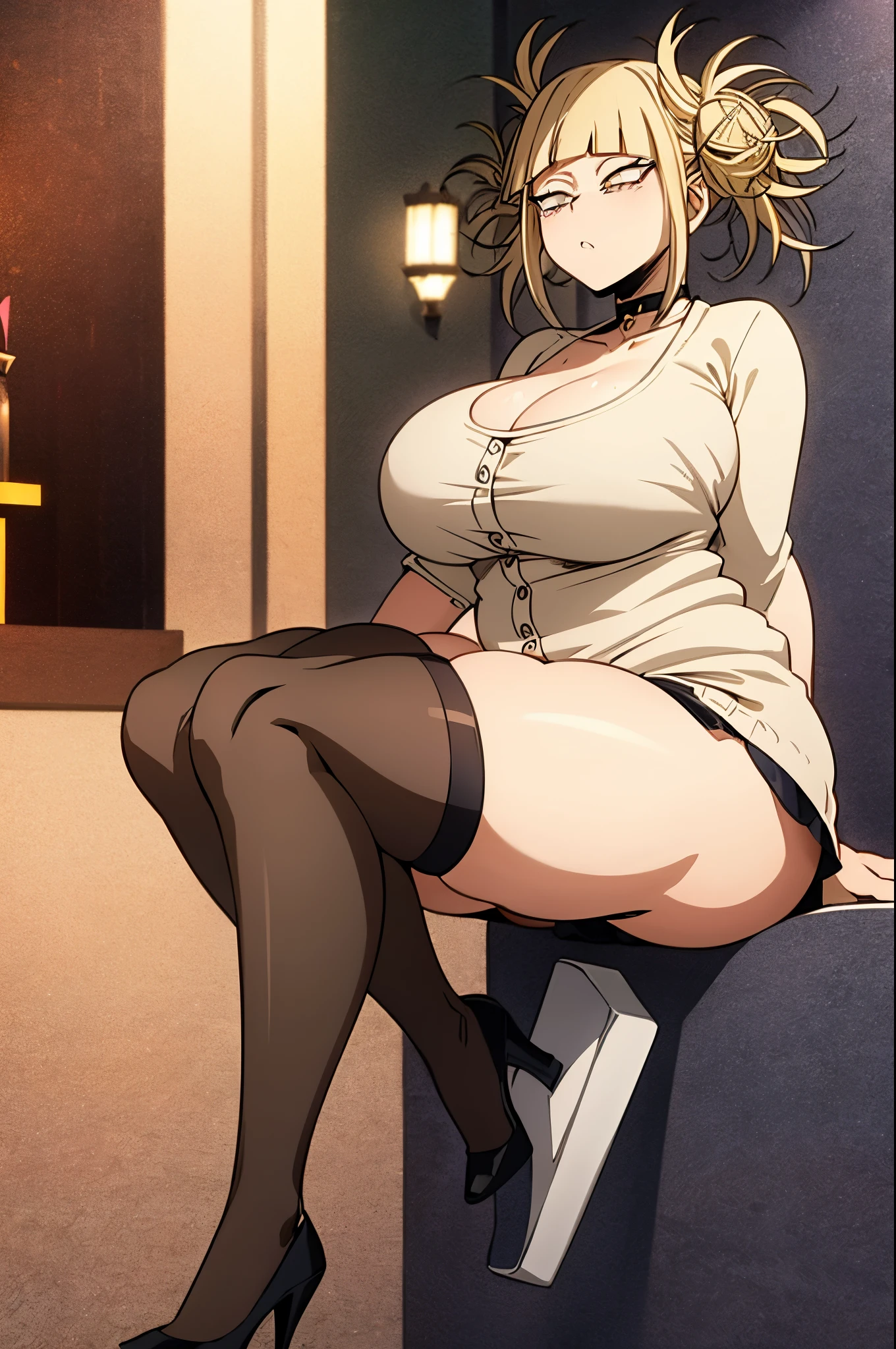 Himiko Toga from My hero academia, Blonde girl, yellow eyes, Sexy, stocklings, Choker, big breastes, sexy body, erotica, chubby thighs, naked breasts, plump thighs in stockings