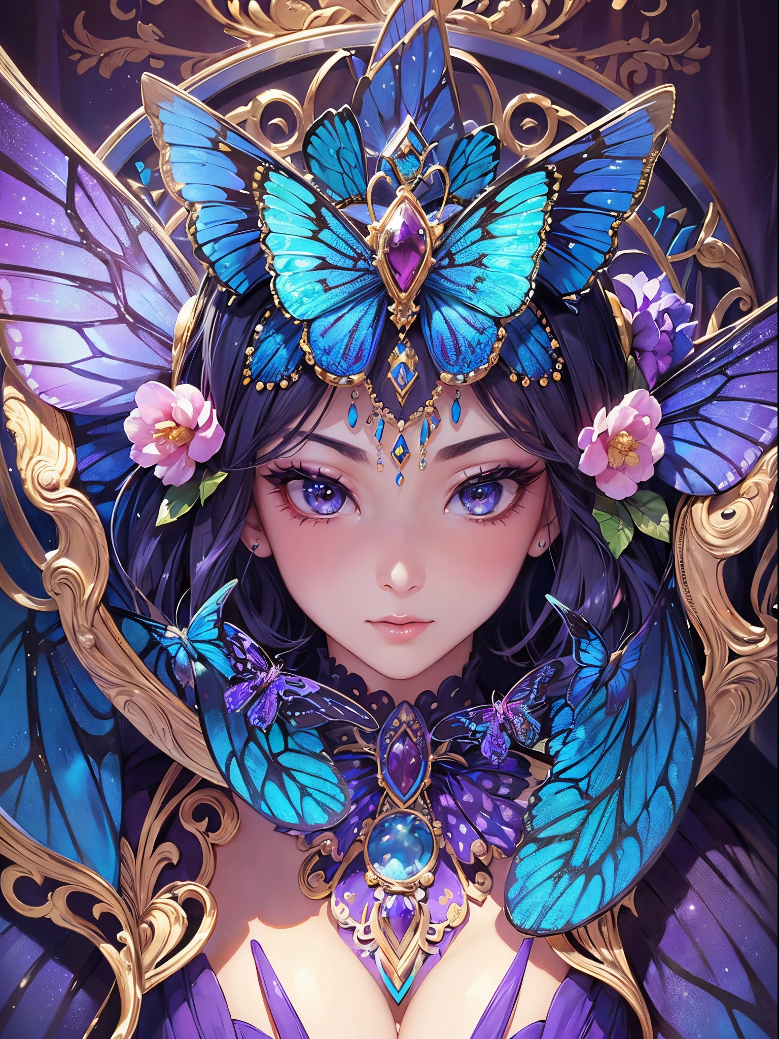 Butterfly motif、platinum tone、Vibrant colors、((masterpiece)))、(((top-quality)))、((ultra-detailliert))、(A hyper-realistic)、(highly detailed CGillustration)、(Super beautiful illustration)、From the right side、Official art、Prague at the beginning of the 20th century、Decadent、Madame Papillon、Cool Beauty、Masquerade、refinement、Elegance、Gorgeous、Masks that cover most of the face、Colorful and detailed mask design、matchless beauty、Fans、gorgeous dress、jewely、female solo、Perfect Angle、perfect-composition、full body Esbian
