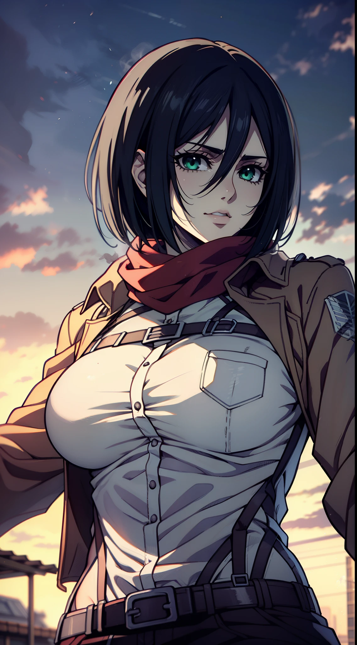 Frame from below, Photo below, view from bottom, Sexy, combat stance, half naked, shirt unbuttoned, Hesitate, Erotica, Super Epic Composition, aot style, Shingeki no Kyojin, mikasa ackerman, 1girl, in full height (Body Full 1.1), Hand strap, quiff, black  hair, Black pants, 가슴, green colored eyes, Hair between the eyes, turnstile, long sleeves, looks at the viewer, Average Breasts,, breeches, red scarf, a scarf, Shirt, Short Hair Hair, Roof of the city, roof, Sun, In the air, Holds blades in his hands, jump, Smoke, 独奏, hip belt, white  shirt, Scientific Research Building \(Emblem\), ((tmasterpiece)), beste-Qualit, Sex, hooligan, waist, legsupms, buttocks, 가슴, (Body Full 1.1), Camera from above, Frame from above, the night, Lights, looks at the viewer, ssmile, grin, criminal, laughting, Cool anime 8K, Clean and detailed anime art, 4K Manga Wallpapers, Подробный портрет Anime Girl, Anime 4K Style, Anime Art Wallpapers 4K, Anime Art Wallpaper 4K Masterpiece, Gorgeous, Best Quality,