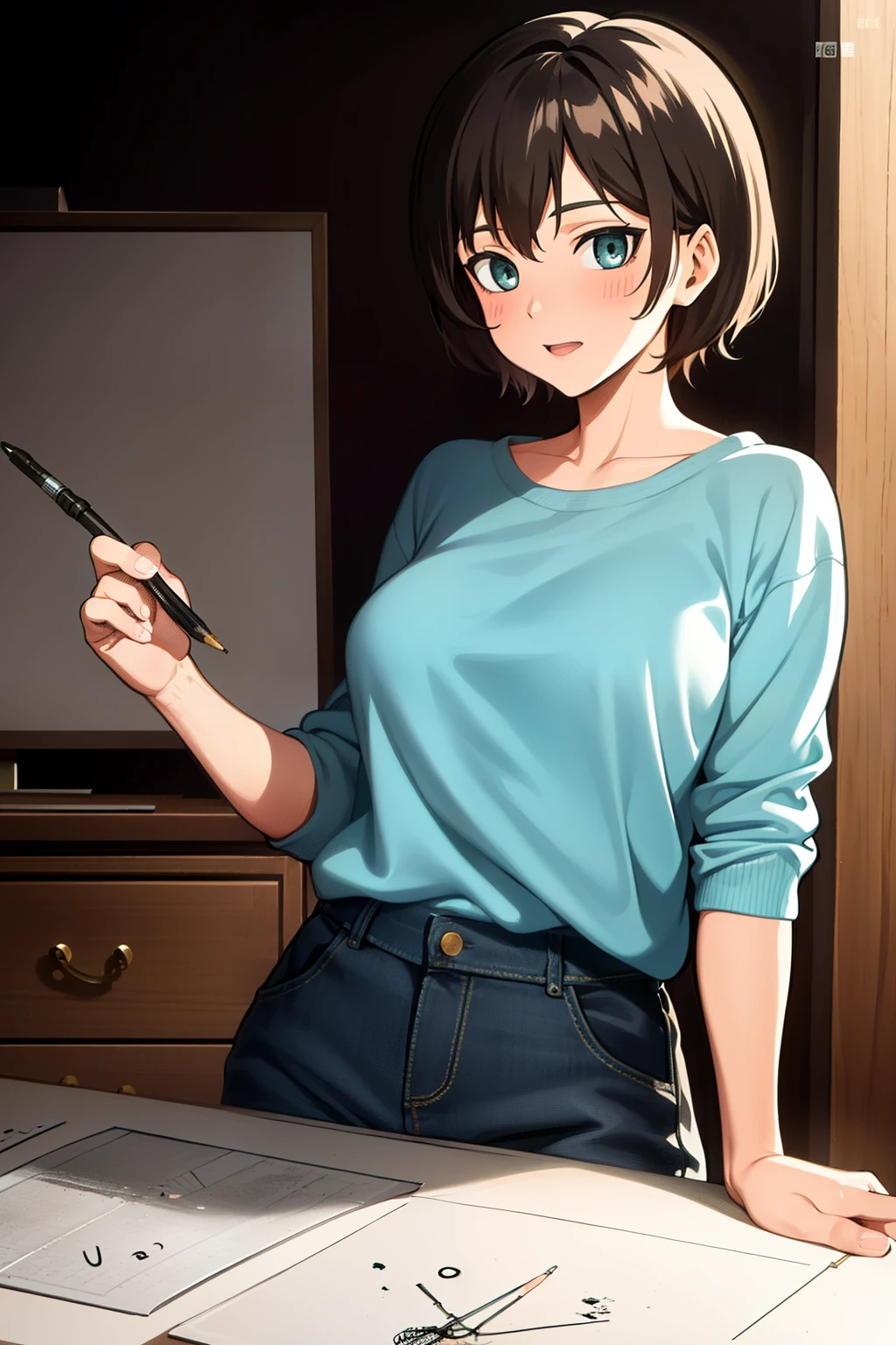 Cute girl,a painter,Painter's clothes,short hair, Drawing board, Hand drawing is better, adult girl, Girl, woman, sexy, Colors,big breasts, big chest,