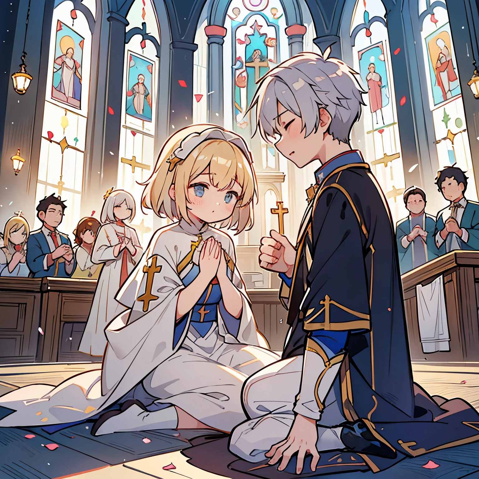 Men and women in their 20s、man 1、Female 1、Both men and women are priests、Both men and women are praying、Holy Church、Illuminated by sunlight、femele(a blond、Semi-long)、male people(silber hair、short-cut)、I'm praying side by side facing this way.、The fantastic scenery