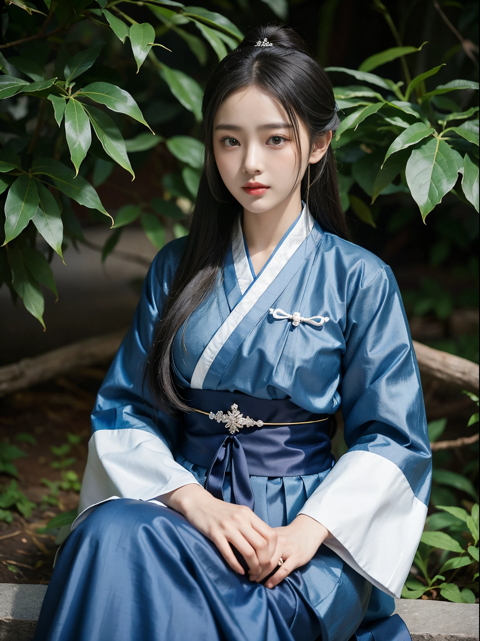 arafed asian woman in a blue and black hanbok, korean girl, korean hanbok, korean woman, beautiful south korean woman, hanbok, palace , a girl in hanfu, hanfu, beautiful young korean woman, traditional chinese clothing, gorgeous young korean woman, inspired by Jeong Seon, traditional beauty, traditional clothes, white hanfu