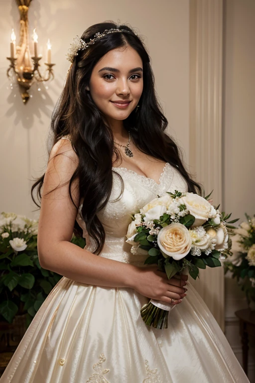 a girl with long black hair wearing a plus size wedding dress smiling and looking forward,illustration,oil painting,high quality,ultra-detailed,realistic,vivid colors,warm tones,soft lighting,long eyelashes,black hair flowing,beautiful detailed lips,bride, confident expression,graceful poise,floral decoration,lovely bridal bouquet,delicate lace details,joyful atmosphere,romantic setting,sparkling diamond jewelry,ethereal ambiance