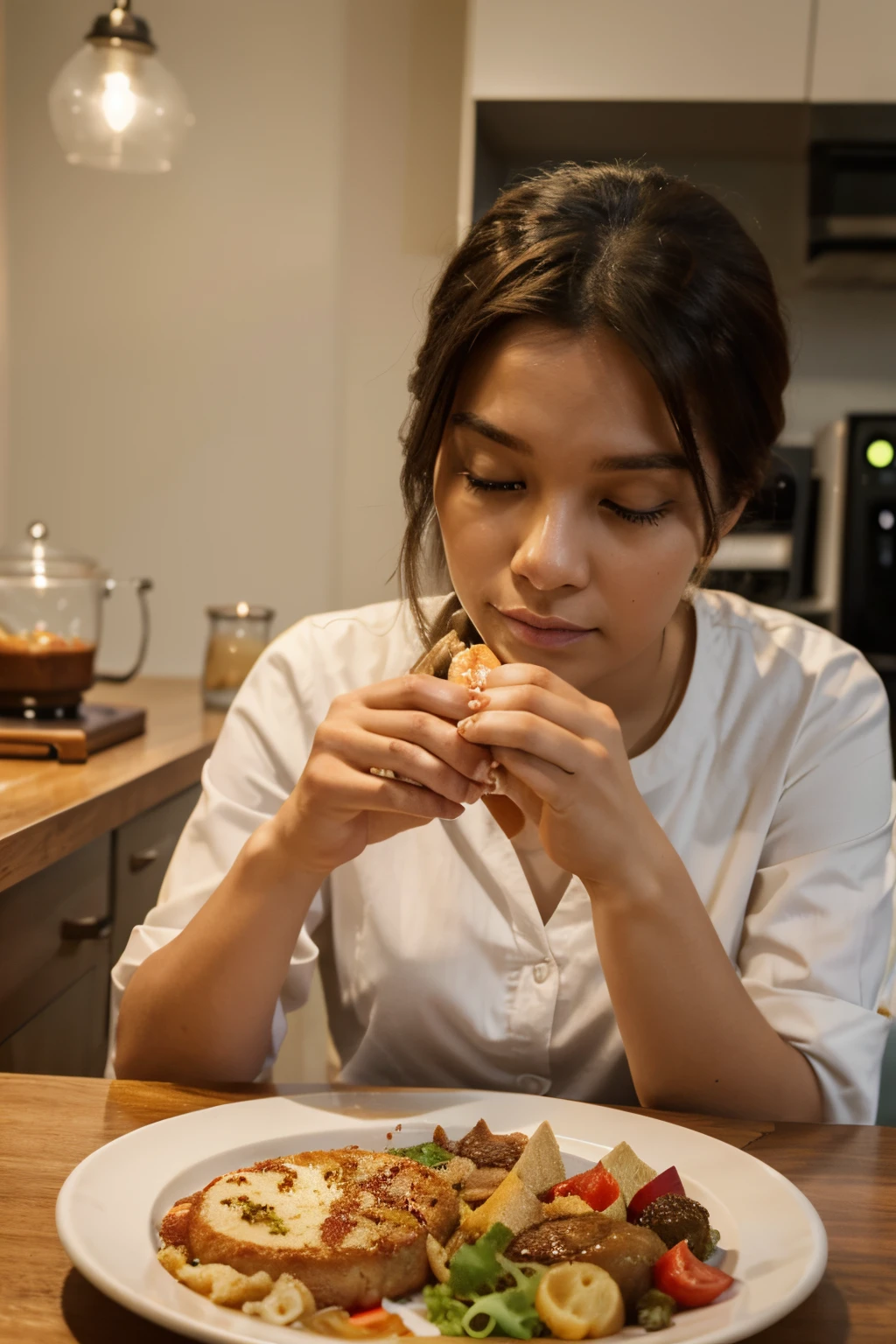 Ultra-realistic brunette girl in pyjamas sitting at the table eating breakfast.