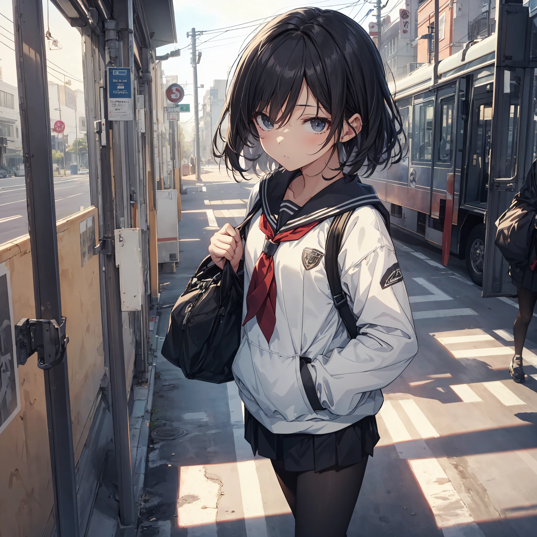 God quality, anime moe artstyle,best anime 8k konachan wallpaper,badass anime 8k,perfect anatomy, (Please draw a girl walking sleepily to school. ),break, 1girl, (Solo,Loli,child,13-year-old:1.3),a junior high school student, androgynous charm, (Very Short hair), Full limbs, complete fingers,flat chest, Small butt, groin, Small eyes,finely detailed beautiful black eyes,disgusted eyes,hair over one eye, school Uniform, in the School commute route. break,ultra-detailed,high resolution,super detailed skin, professional lighting,8k eye details, (cool illustration:1.2),