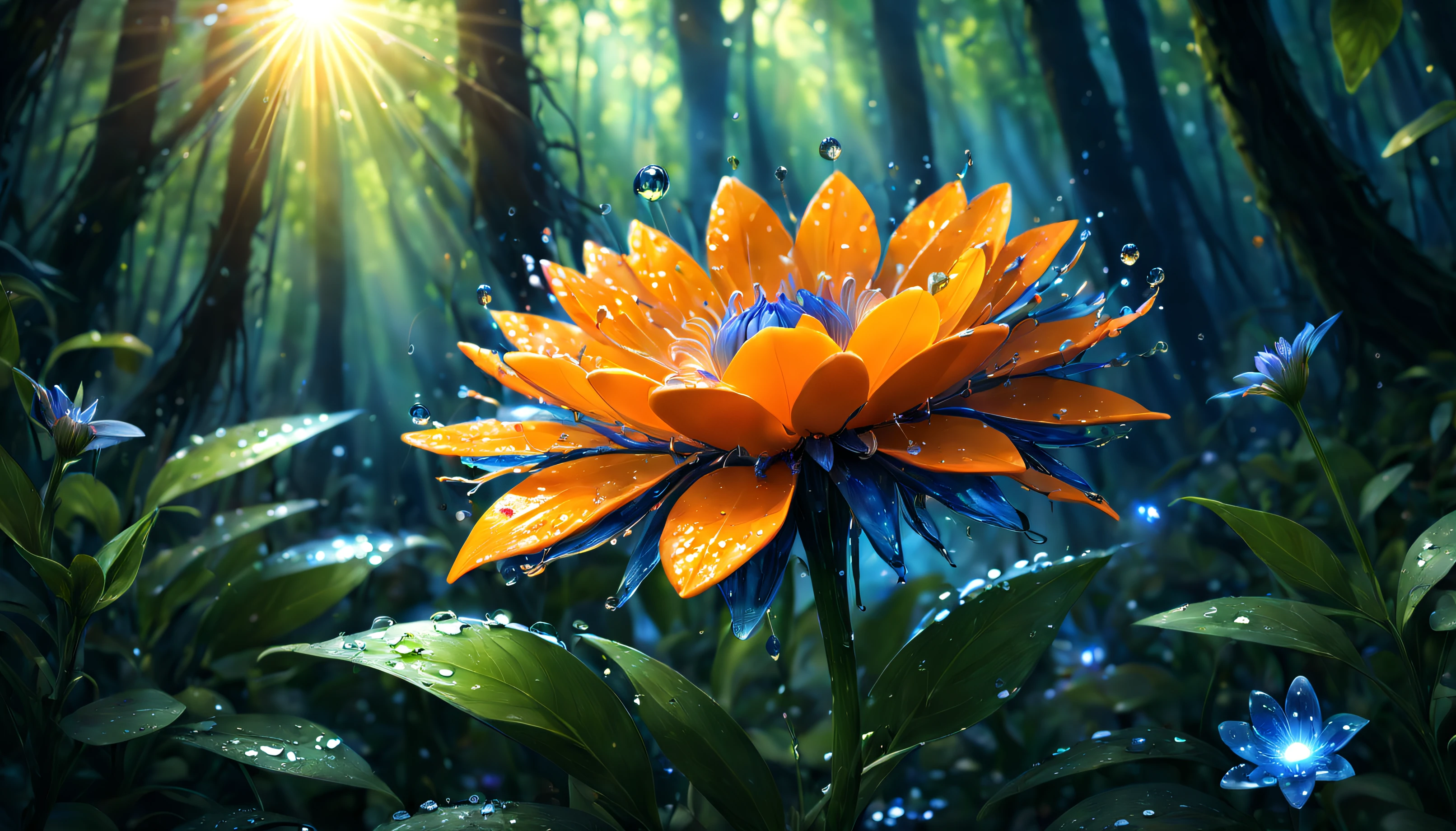 a wet orange in the form of a flower,a tangerine flower,a flower in the form of a tangerine, a blue glow emanates from it to the cut of the petals,gradient petals from orange to transparent, among other types of flowers, grows in the forest,a magical fairy-tale forest,behind the flower the bright sun shines with rays, clear details,hyper-drawing of flower details, high quality 8L, full HD 16L,high quality 8L, full hd 16K