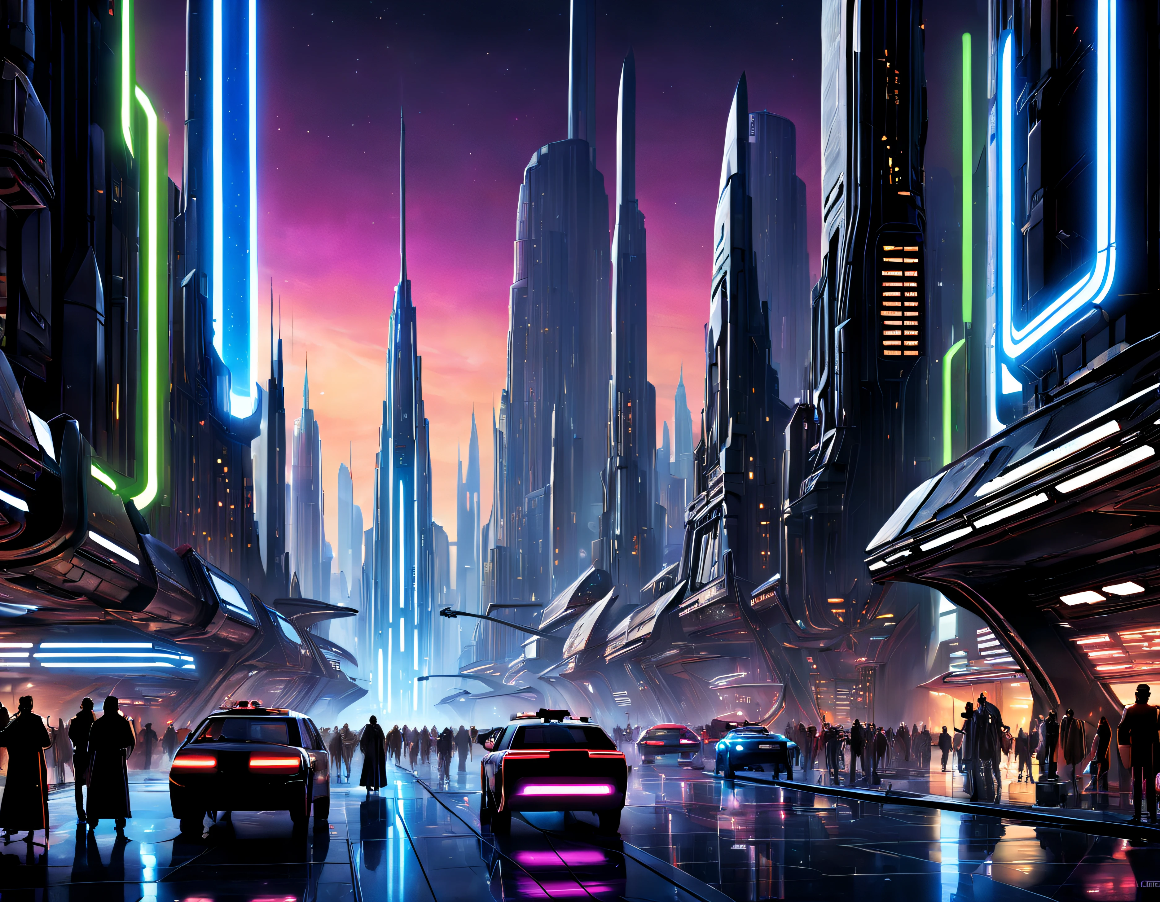 (The city of Coruscant from Star Wars as designed by Doug Chiang), futuristic fantasy city with immense buildings of technological design (que forman una avenida infinita), edificios compactor no difuminados con aspecto metalico,luces en ventanas en edificios y luces de neon de diferentes colores en la calle, con estructuras acristaladas espectaculares, (con colores vivos). pavimento ensolado (sin brillo). gente paseando. imagen bien definida con muchos edificios juntos. imagen nitida bien definida 8k. los edificios llegan alta el fondo.,8k. imagen cinematografica.