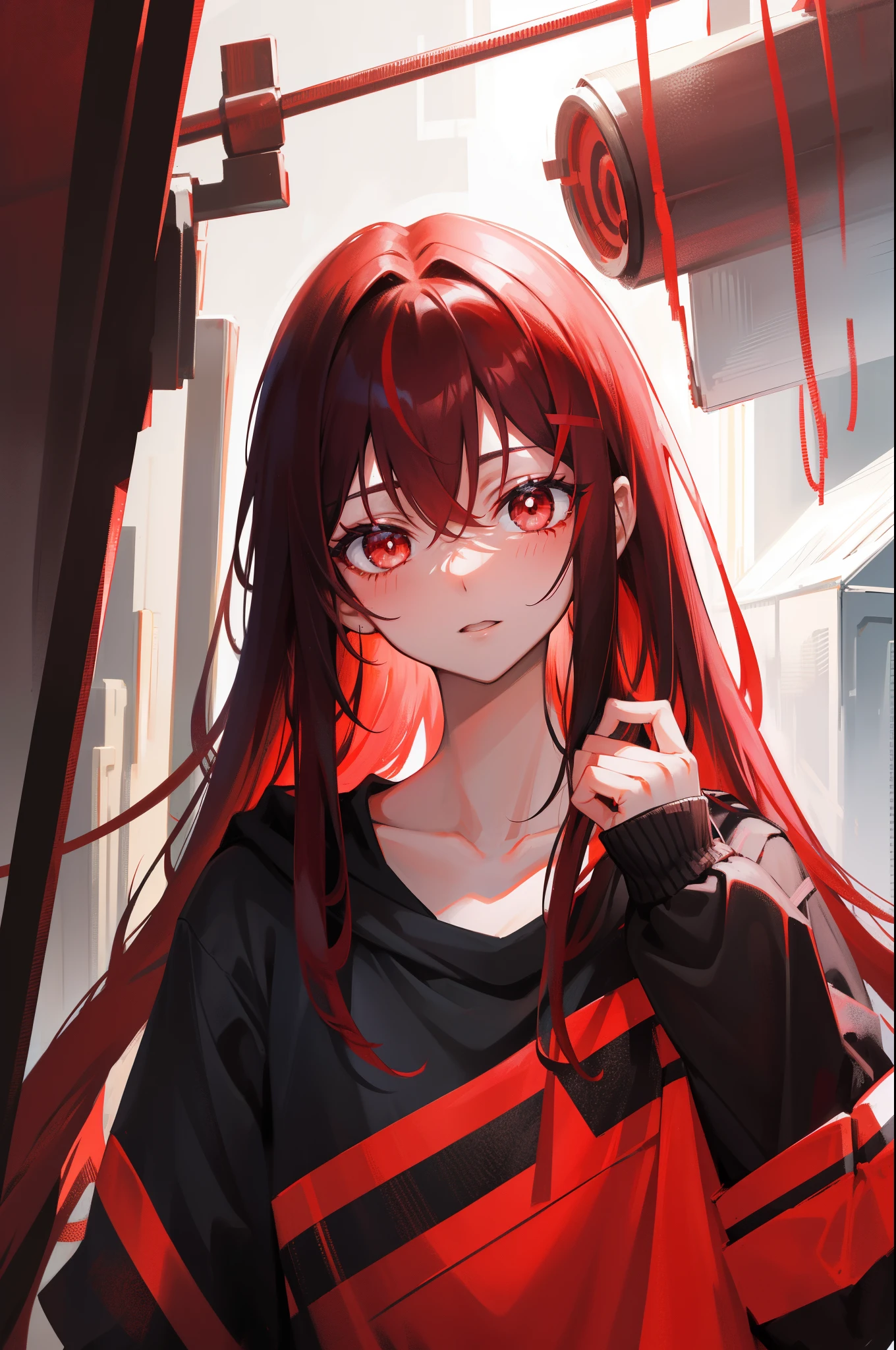 Black hair on the outside,Red hair on the inside,long whitr hair,red pupils