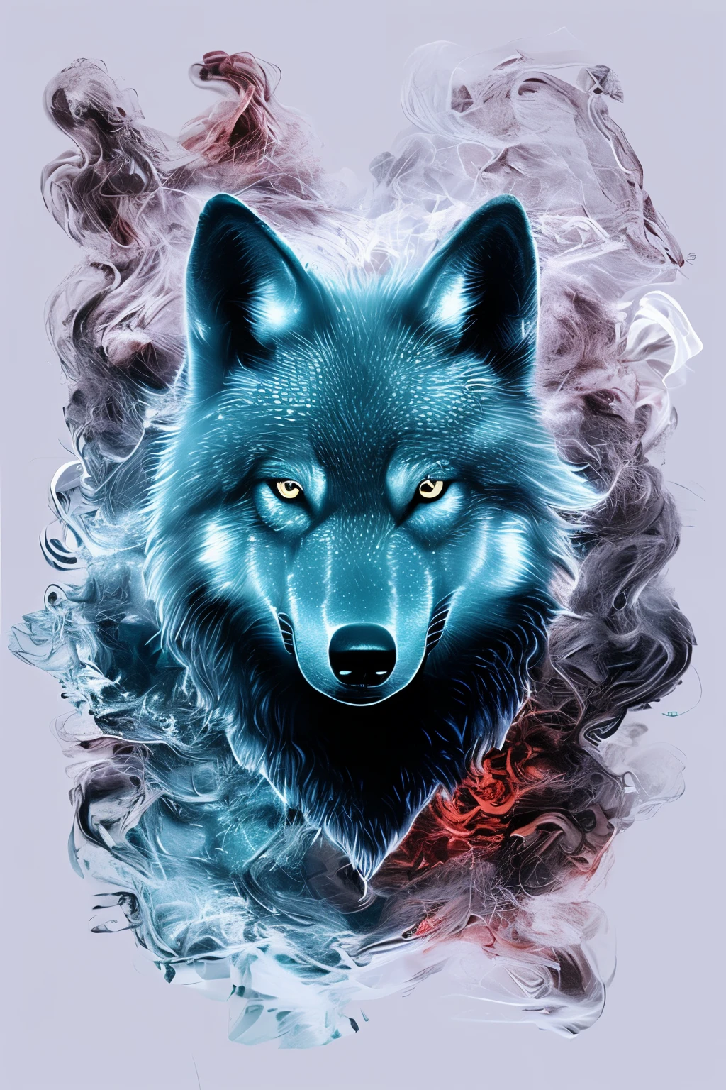 bioluminescent wolf made of red|crimson|purple smoke dark blue|Lilac background