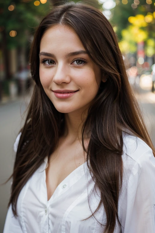 best quality, vivid colors, realistic, long hair, detailed eyes, detailed lips, smiling, brunette photographer, looking forward, portrait, photography