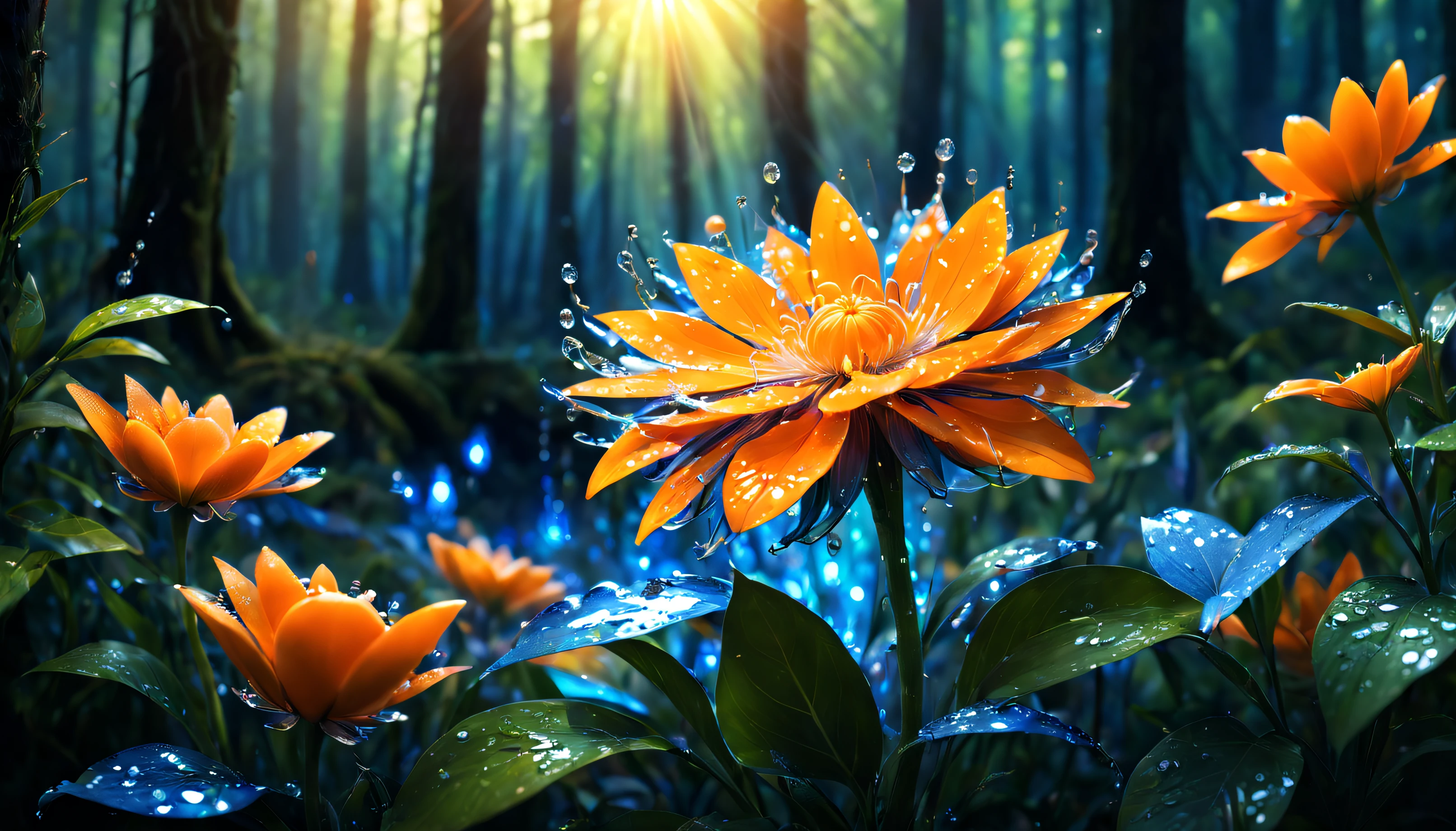 There are many orange flowers in the middle of a forest - SeaArt AI