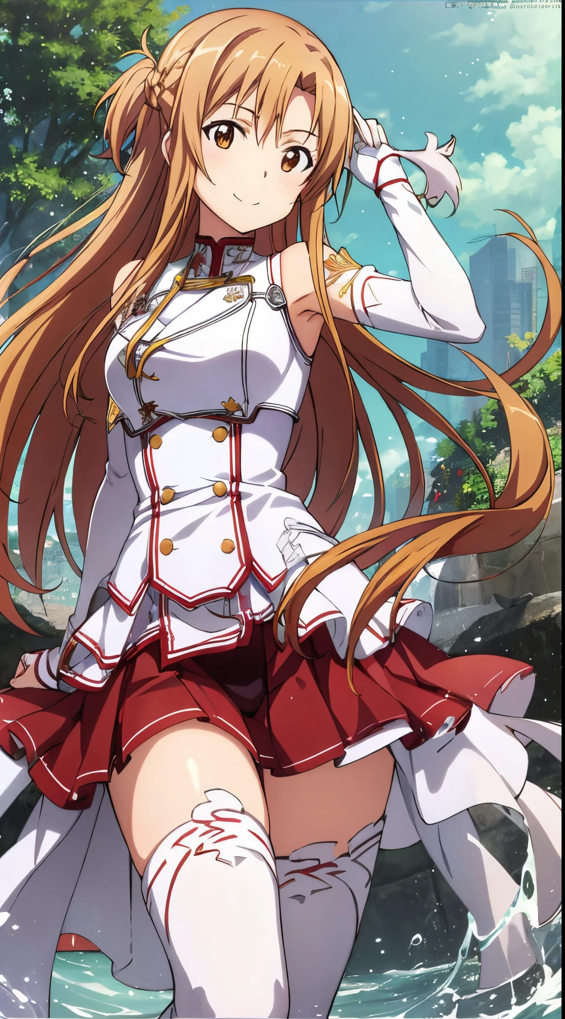 1girl, solo, masterpiece, best quality, 8k wallpaper, asuna, yuuki asuna, Sword Art Online, ecchi anime style, anime moe art style, marine kitagawa fan art, pixiv, 3dcg, seductive anime girl, anime best girl, anime goddess, popular on pixiv, Beautiful charming anime , white panty, skirt lift by myself, smile,, kotbo, white gloves, white uniform, white boots, red skirt, red straps, thin sword