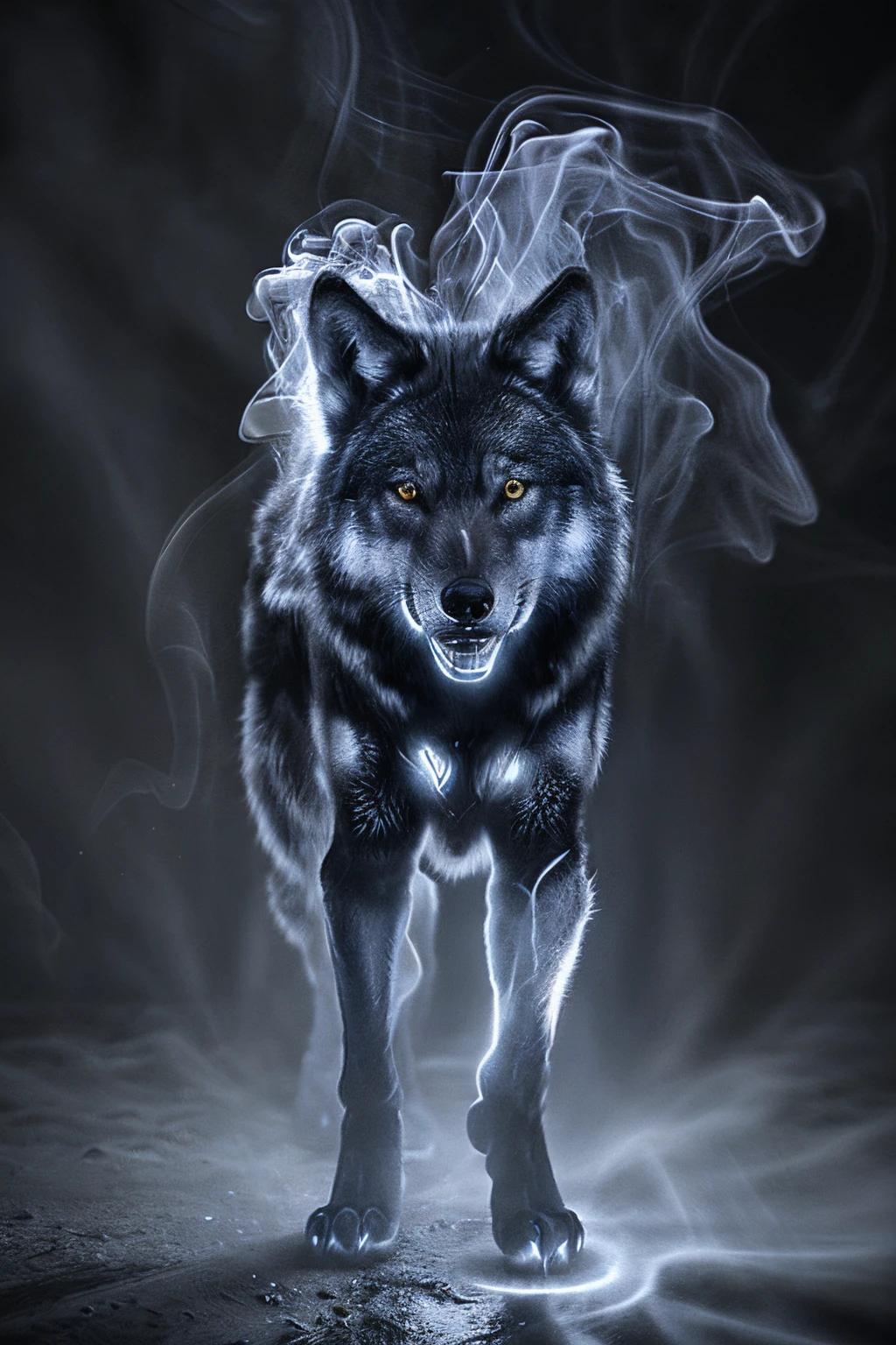bioluminescent wolf made of red|crimson|purple smoke dark blue|Lilac background