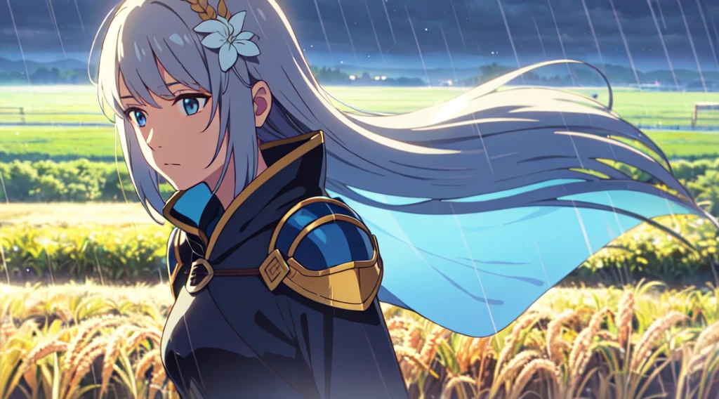 Masterpiece, 1 lady (solo), very long white hair, Have light blue eyes. Scenery. Armor with blue cape, wearing light blue flower hair ornament. Calm expression, Rain, Wheat field. Sky. Close up.