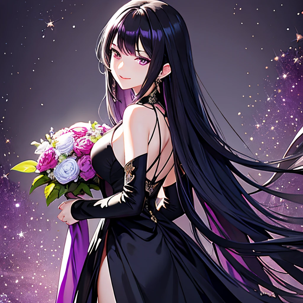 45 degree side face,Beautiful and elegant girl,Black Purple Hair,with long hair in takes,Charming deep purple eyes,black long dress,ssmile,holding flower bouquet,k hd,Gray White Background,wollen,ellegance