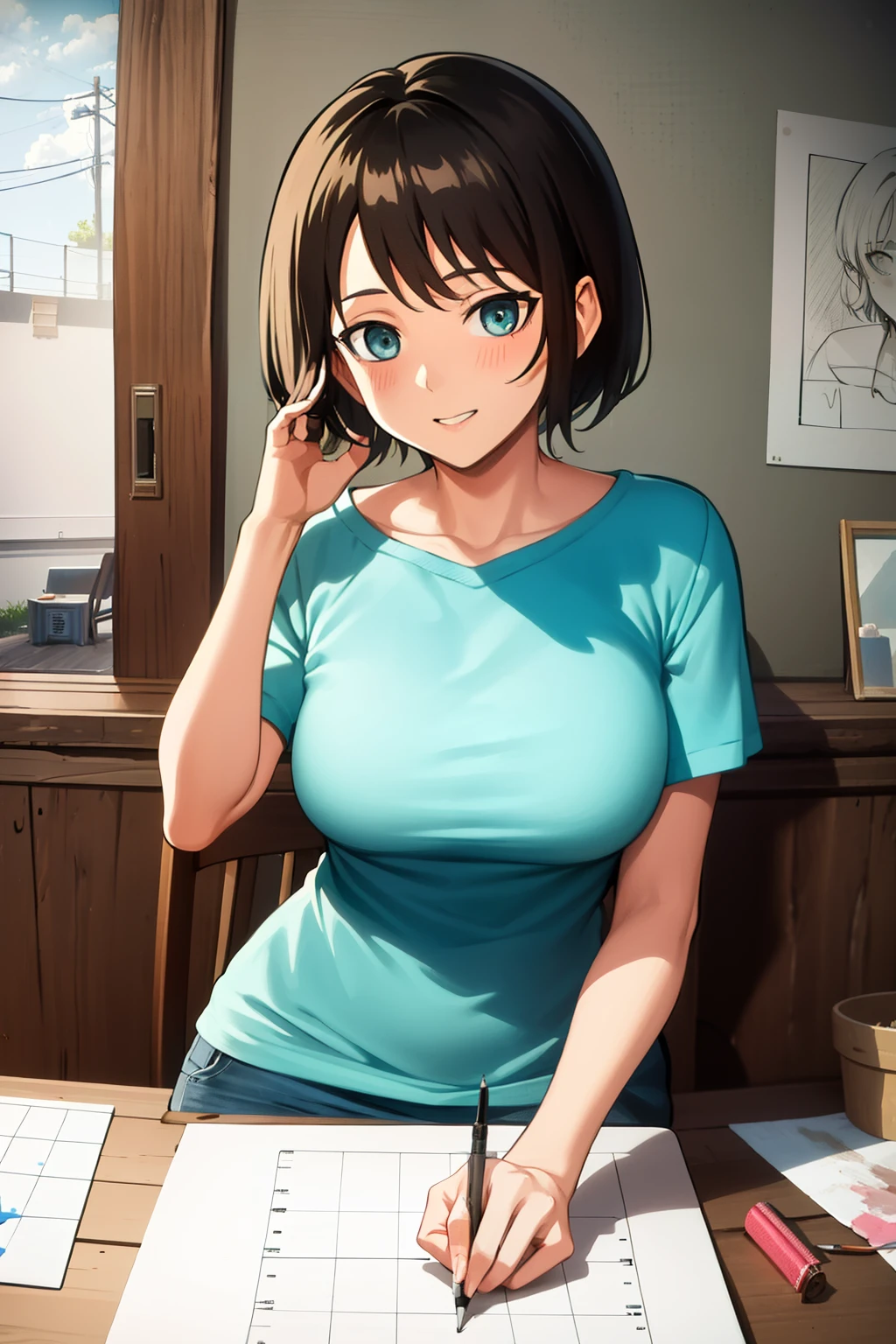 Cute girl,a painter,Painter's clothes,short hair, Drawing board, Hand drawing is better, adult girl, Girl, woman, sexy, Colors,big breasts, big chest,draw, full body