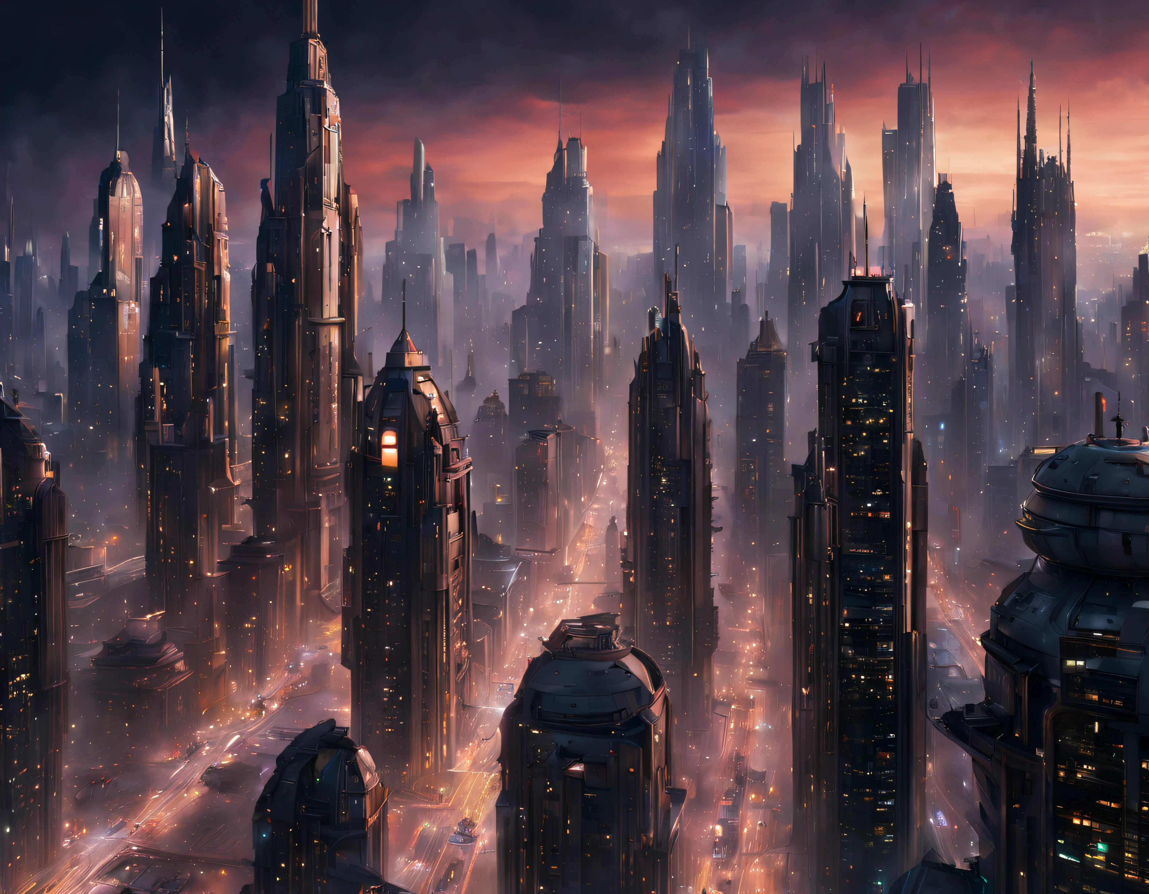 (The city of Coruscant from Star Wars as designed by Doug Chiang), futuristic fantasy city with immense buildings of technological design (que forman una avenida infinita), edificios compactor no difuminados con aspecto metalico,luces en ventanas en edificios, anuncios con luces de neon con diferentes colores en las calles, con estructuras acristaladas espectaculares, (con colores vivos). pavimento ensolado (sin brillo). gente paseando. imagen bien definida con muchos edificios juntos. imagen nitida bien definida 8k. los edificios llegan alta el fondo.,8k. imagen cinematografica