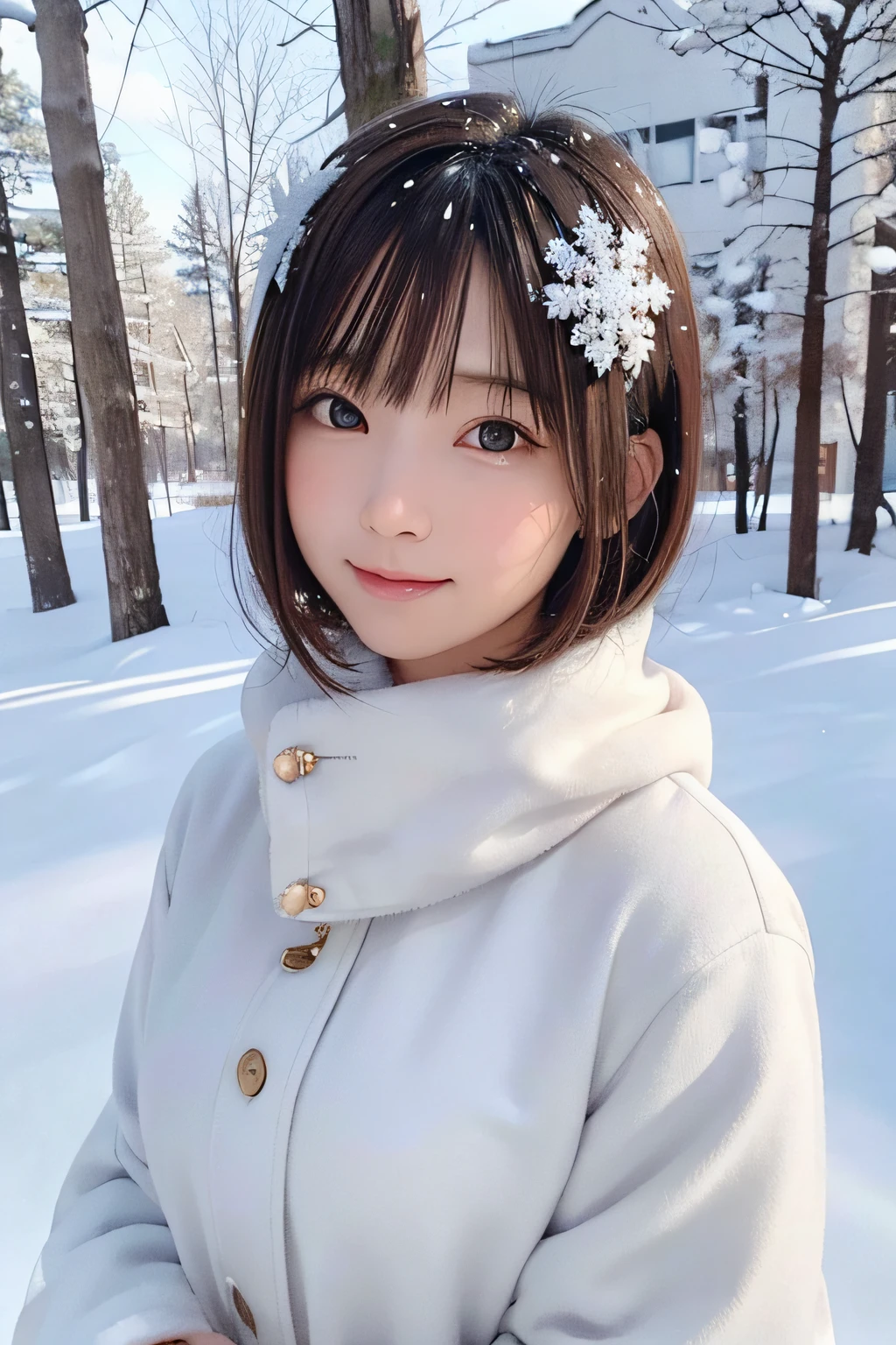 ((snow hair ornament))、snow forest girl,short-hair.brown haired,Beautiful detailed eyes,Beautiful detailed lips,extremely detailed eye and face,longeyelashes,Traditional Illustration,Ultra-detailed,natural,Serene,Winter wonderland,Snowy trees,Sparkling snowflakes,Best Quality,8K,hight resolution,masutepiece:1.2,Ultra-detailed,Realistic:1.37,Snowy landscape,Soft pastel colors,The tree々Warm sunlight shining in from between,subtle shadows,peaceful,tranquil,An enchanted forest.　Japanese 12 year old girl with a shy smile、outside
