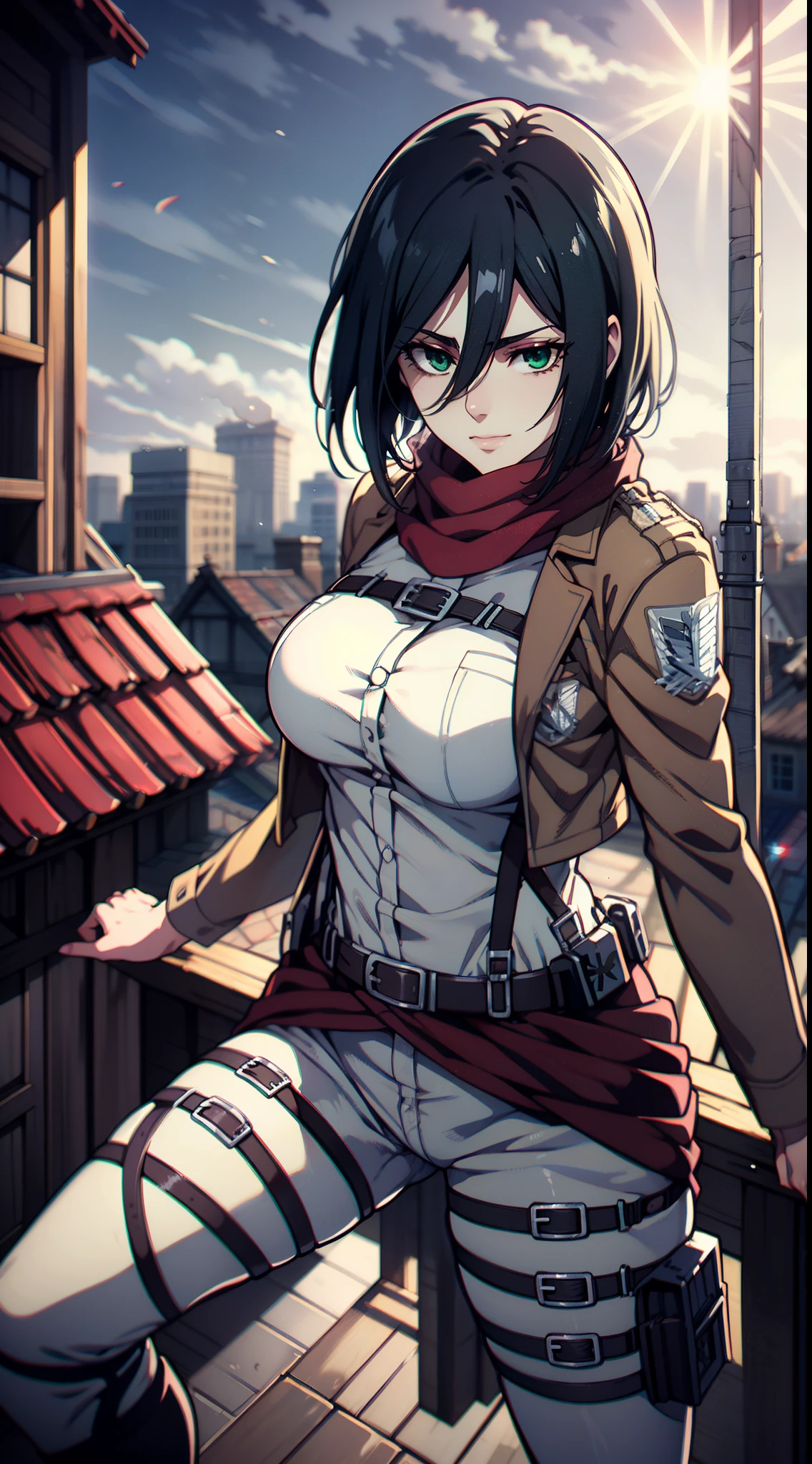Frame from below, Photo below, view from bottom, Sexy, combat stance, half naked, shirt unbuttoned, Hesitate, Erotica, Super Epic Composition, aot style, Shingeki no Kyojin, mikasa ackerman, 1girl, in full height (Body Full 1.1), Hand strap, quiff, black hair, Black pants, 가슴, green colored eyes, Hair between the eyes, turnstile, long sleeves, looks at the viewer, Average Breasts,, breeches, red scarf, a scarf, Shirt, Short Hair Hair, Roof of the city, roof, Sun, In the air, Holds blades in his hands, jump, Smoke, 独奏, hip belt, white shirt, Scientific Research Building \(Emblem\), ((tmasterpiece)), beste-Qualit, Sex, hooligan, waist, legsupms, buttocks, 가슴, (Body Full 1.1), Camera from above, Frame from above, the night, Lights, looks at the viewer, ssmile, grin, criminal, laughting, Cool anime 8K, Clean and detailed anime art, 4K Manga Wallpapers, Подробный портрет Anime Girl, Anime 4K Style, Anime Art Wallpapers 4K, Anime Art Wallpaper 4K Masterpiece, Gorgeous, Best Quality,