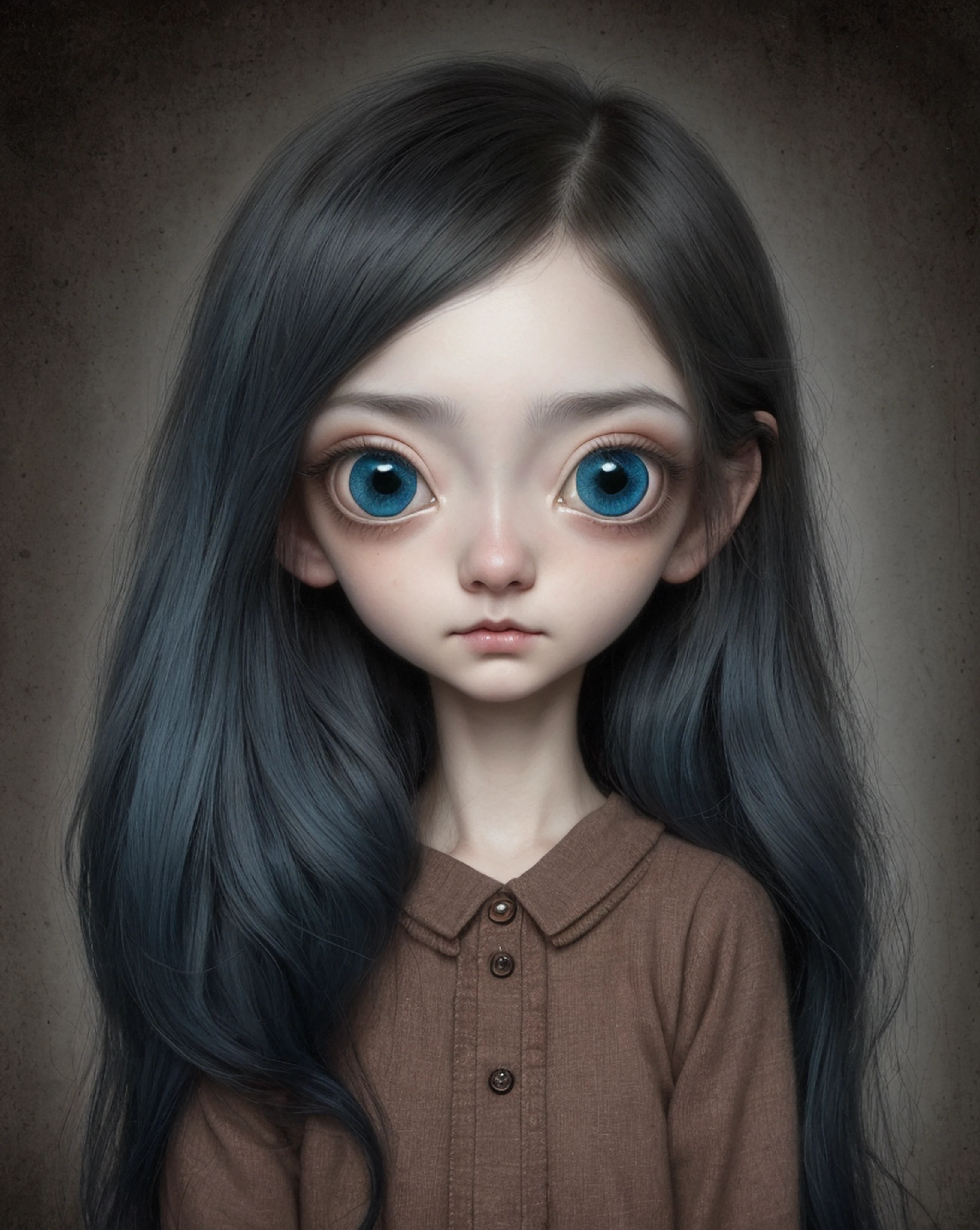 Un primer plano de una chica muy triste con el pelo largo (rubio) And the big blue eyes showing huge ((pechos)), Anton Semenov, Mark Ryden muy detallado, Estilo Mark Ryden, Mark Ryden en el estilo de, Estilo de Mark Ryden, inspirado por Mark Ryden, Naoto Hattori, Adorable pintura digital, cara linda. DarkFantasy, Estilo Wlop Loish y Clamp, desnuda