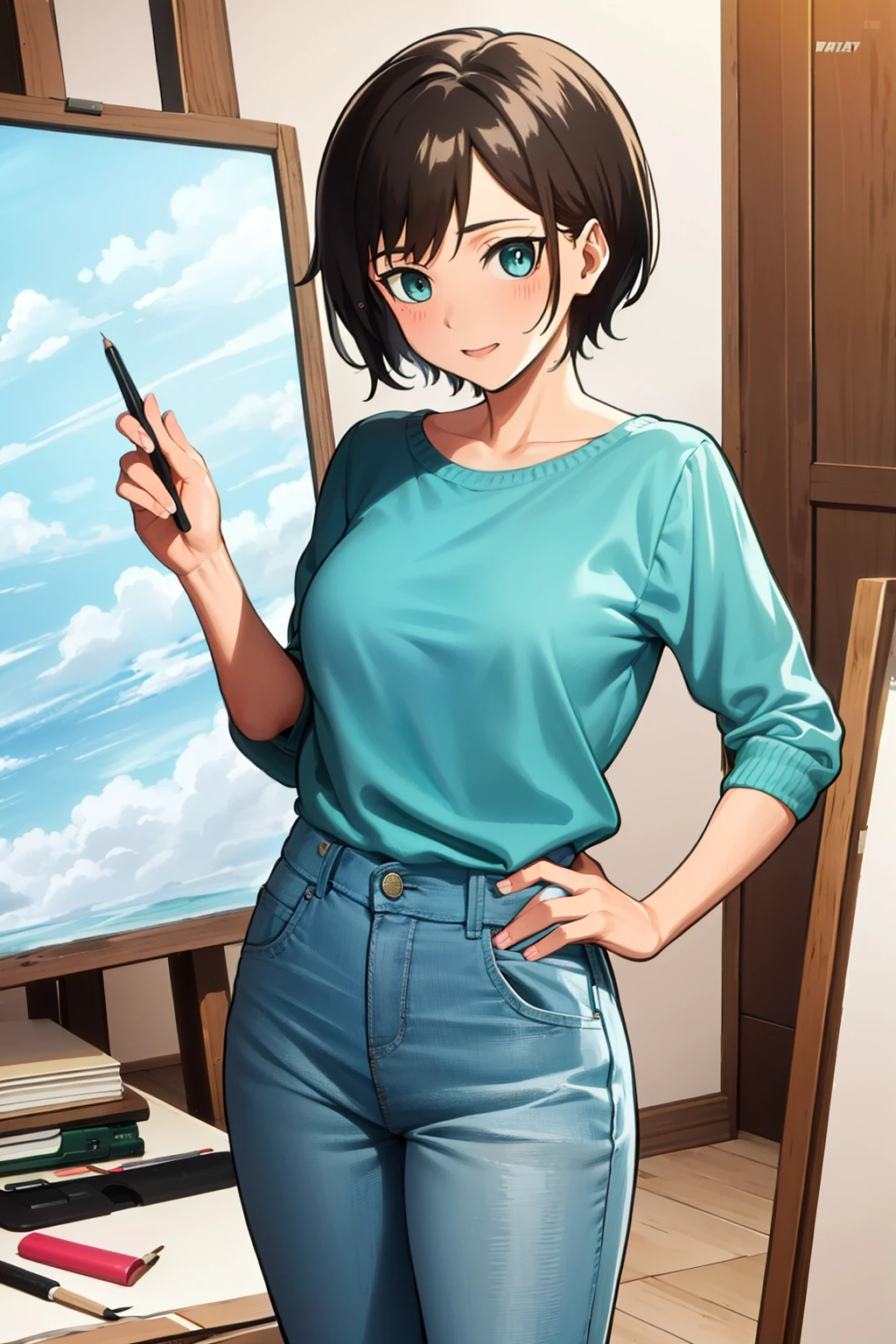 Cute girl,a painter,Painter's clothes,short hair, Drawing board, Hand drawing is better, adult girl, Girl, woman, sexy, Colors,big breasts, big chest,draw, full body