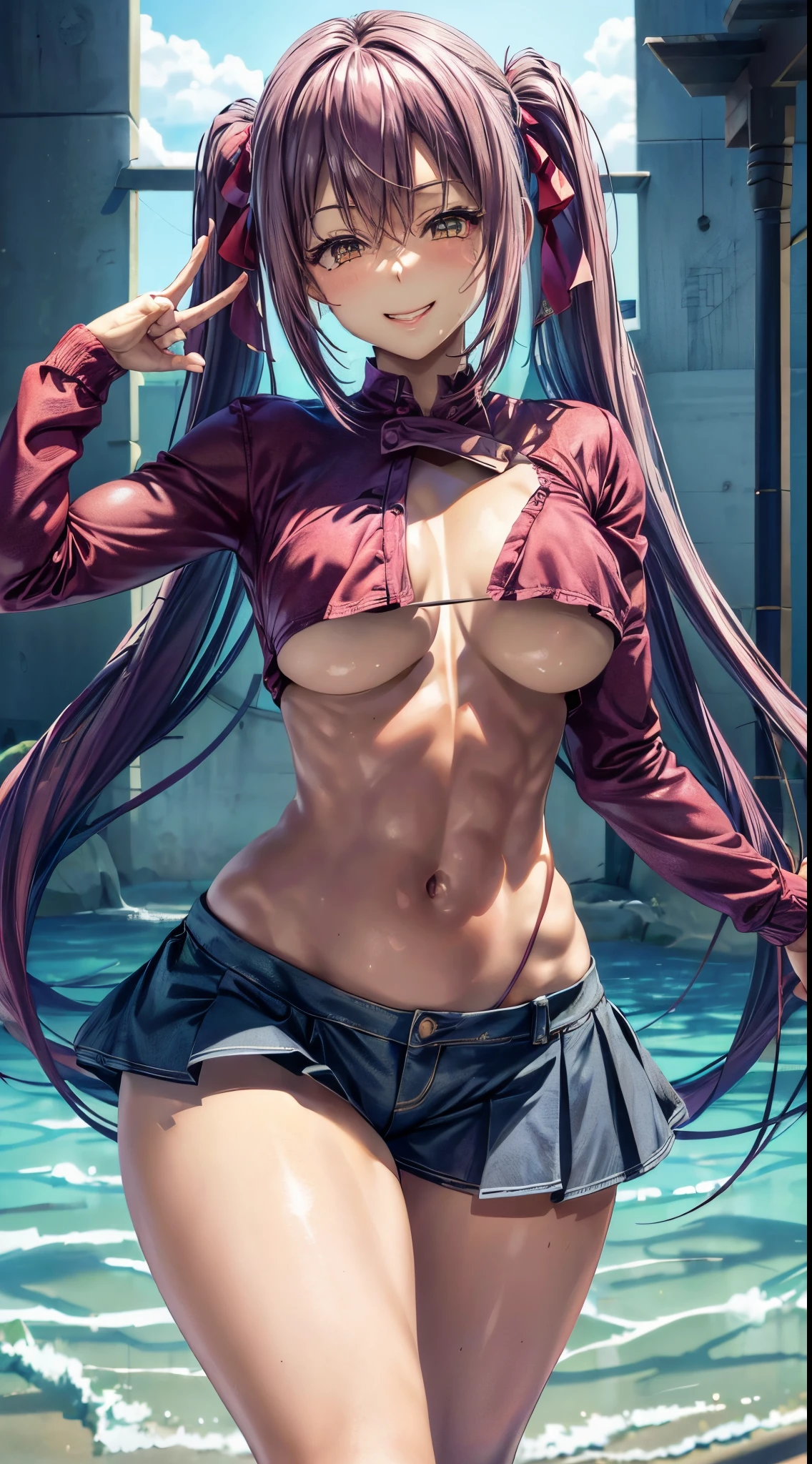 (((middlebreasts))) (((bunda enorme))) senhora linda e fofa, vestindo apenas uma calcinha curta vermelha transparente, (seios nu), hiding the nipples of the breasts with the fingers of the hands. calcinha muito curta, sorrindo, na praia com sol forte, (bunda musculosa), ( cintura pequena), (apenas bunda), (((Ichika Amasawa))), fitas vermelhas no cabelo, ((olhos amarelos brilhantes)), boa anatomia, perfect hands, (((pernas musculosas perfeitas) ) ), (( coxas muito grossas)), cintura fina, muscular abdomen, bare foots, (foto de corpo inteiro), (standingn), (((olhando para mim me mostrando sua bunda enorme e musculosa)), (cor de cabelo magenta), rabo duplo, reto cabelo, cabelo brilhante, olhos amarelos, sorriso maligno, anime, minimalismo, estilo anime, ray tracing, cinematic lighthing, brilho, artefatos JPEG, luz brilhante, raios divinos, luz de fundo, simetria, panorama, Sony FE, disco Rigido, master piece, Preciso, anatomicamente correto, Super Detalhe, melhor qualidade, disco Rigido, Alto, 16k