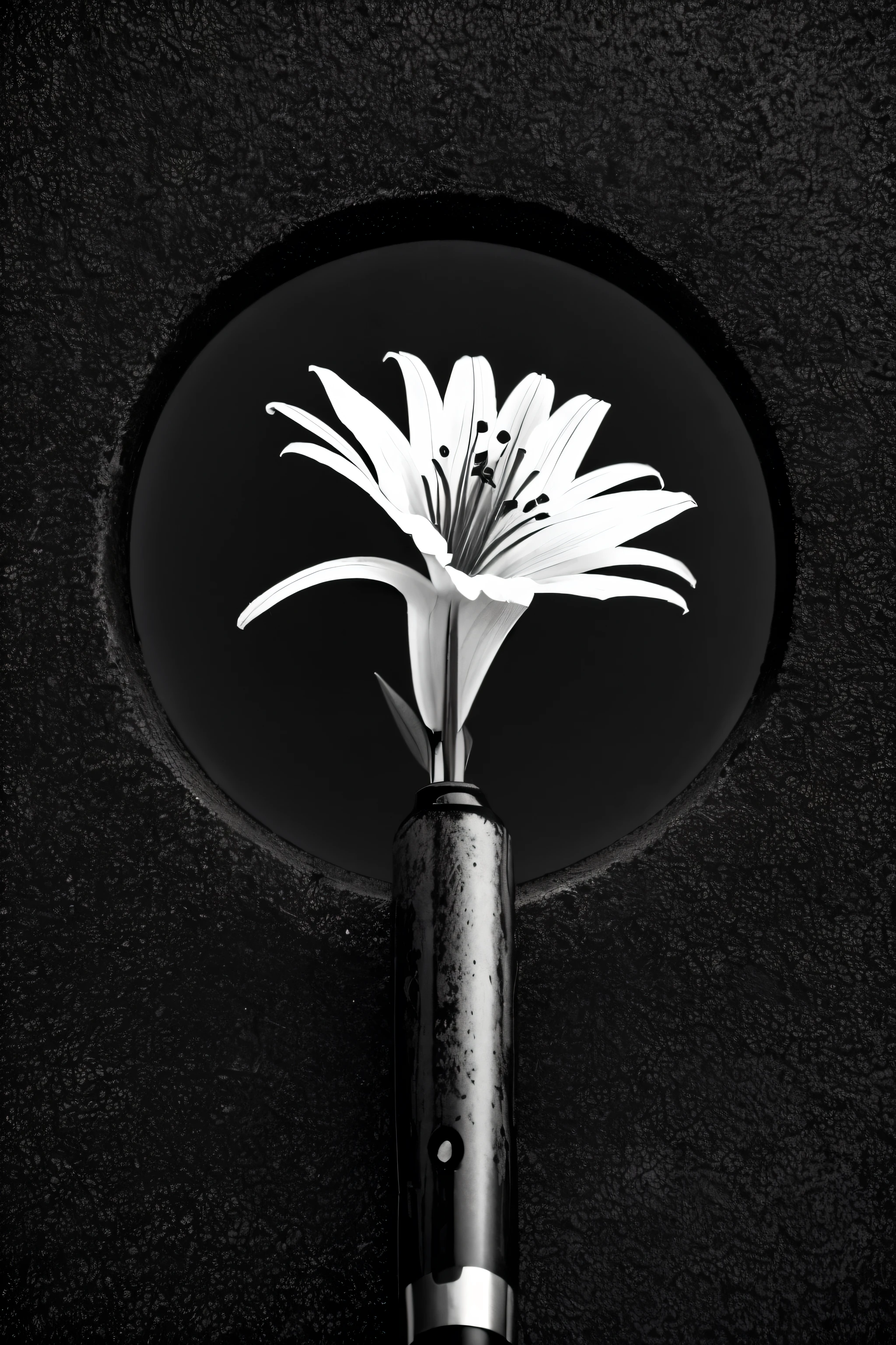 A lily flower coming out from the gun-barrel of a vintage shotgun, in the middle of a black void, shotgun is monochrome whereas the flower is colored