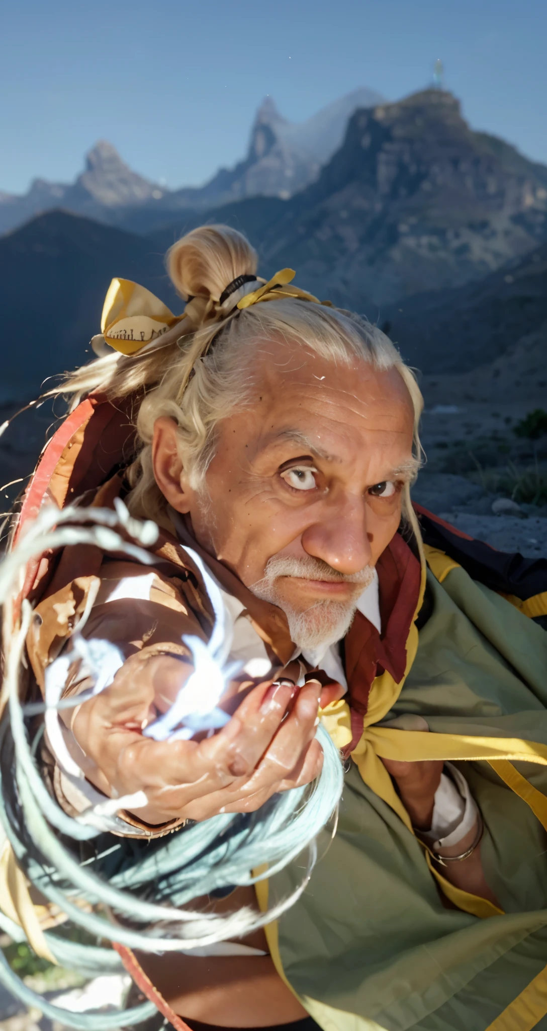 Real life adaption of this character , old man , realistic same hair , (realistic same outfit), realistic background , realistic light, realistic shadow, realism, hyper realistic,(photorealistic:1.2), normal small eyes, ,brown skin, There is a yellow hair ribbon, his hair tied, there is aura light coming from his hand
