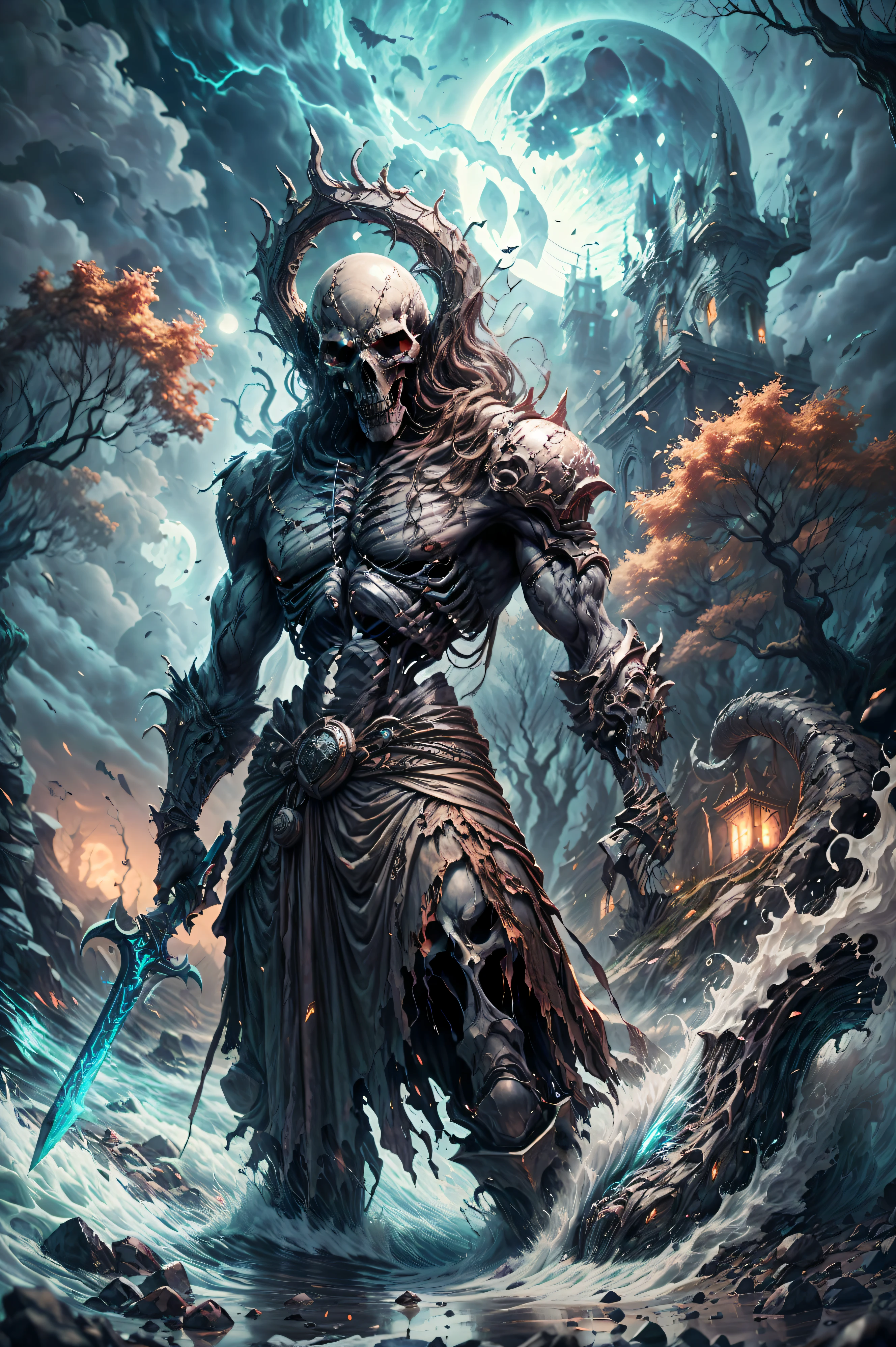 best image quality, masterpiece, super high resolution,
BREAK
"Imagine a chilling scene of a skeleton warrior standing atop an ancient tomb, shrouded in the eerie glow of the full moon. The warrior is adorned in ancient armor, rusted with age and battle-worn, with a helm that glints ominously in the moonlight. BREAK In one hand, the warrior holds a wickedly sharp sword, while the other hand is outstretched, as if beckoning you closer. The tomb beneath the skeleton is ornately decorated, with intricate carvings of snakes and skulls etched into the stone. BREAK The air is thick with the scent of decay and ancient magic, as if the tomb itself is alive with dark power. The skeleton warrior’s eyes glow with an otherworldly light, and you can almost feel the weight of its gaze upon you. BREAK In the background, the silhouette of a haunted forest looms, with twisted trees and gnarled branches reaching up to the sky like skeletal fingers. The tomb itself is perched on a cliff overlooking a raging sea, the waves crashing against the rocks far below. BREAK This image captures the essence of dark fantasy and conjures up a sense of foreboding, as if the skeleton warrior is a harbinger of doom, standing guard over the secrets buried within the ancient tomb."