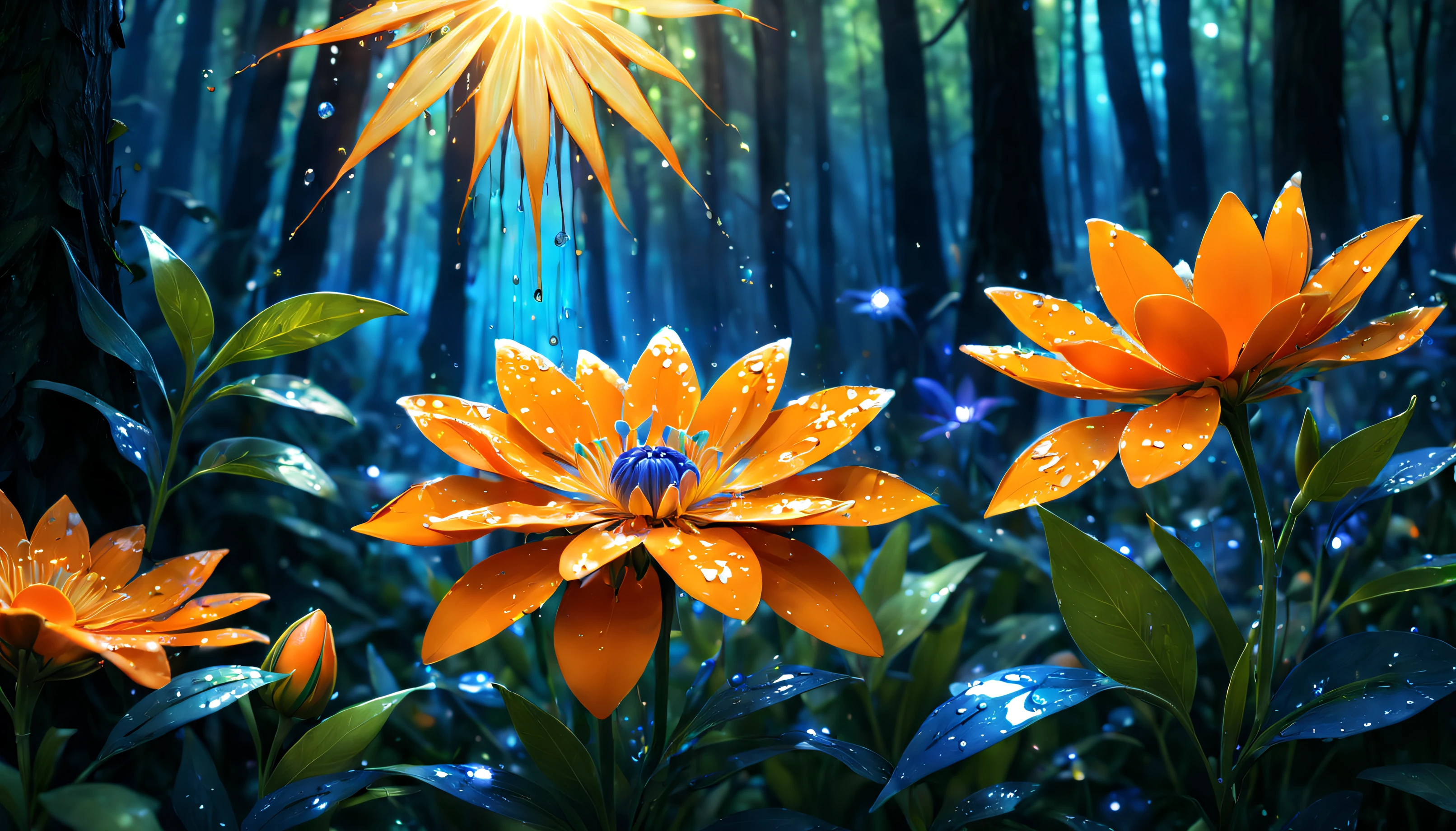 a wet orange in the form of a flower,a tangerine flower,a flower in the form of a tangerine, a blue glow emanates from it to the cut of the petals,gradient petals from orange to transparent, among other types of flowers, grows in the forest,a magical fairy-tale forest,behind the flower the bright sun shines with rays, clear details,hyper-drawing of flower details, high quality 8L, full HD 16L,high quality 8L, full hd 16K