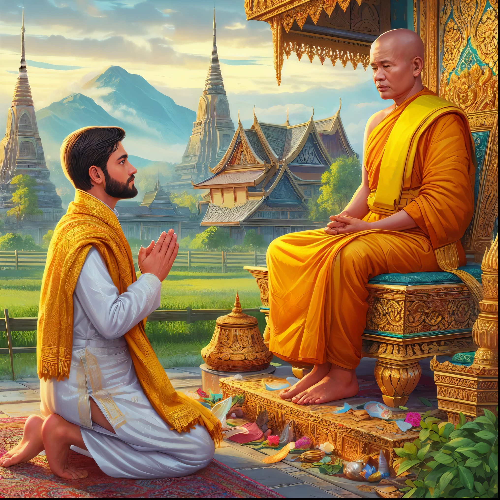 a painting of a man kneeling down next to a man in a yellow robe, holy man looking at ground, buddhism, buddhist, monk meditate, on path to enlightenment, buddhist monk meditating, on the path to enlightenment, his mind contemplating eternity, by Kerembeyit, buddhist monk, beautiful depiction, portrait of monk, temple background, monk clothes