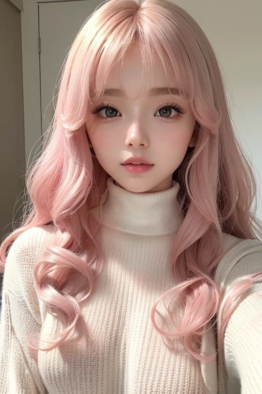 (Masseter muscle film,Super quality,16k,ultra - detailed,Complicated details,actual,Photographic realism,perfect anatomia,profesional lighting、proporções perfeitas,s the perfect face,18 years old girls,kawaii,Ultra-detailed eyes、Kawaii's eyes、Well-proportioned face、二重まぶた、pretty hair、dynamicposes)、Long pale pink curly hair:1.5、Redlip、White loose turtleneck sweater