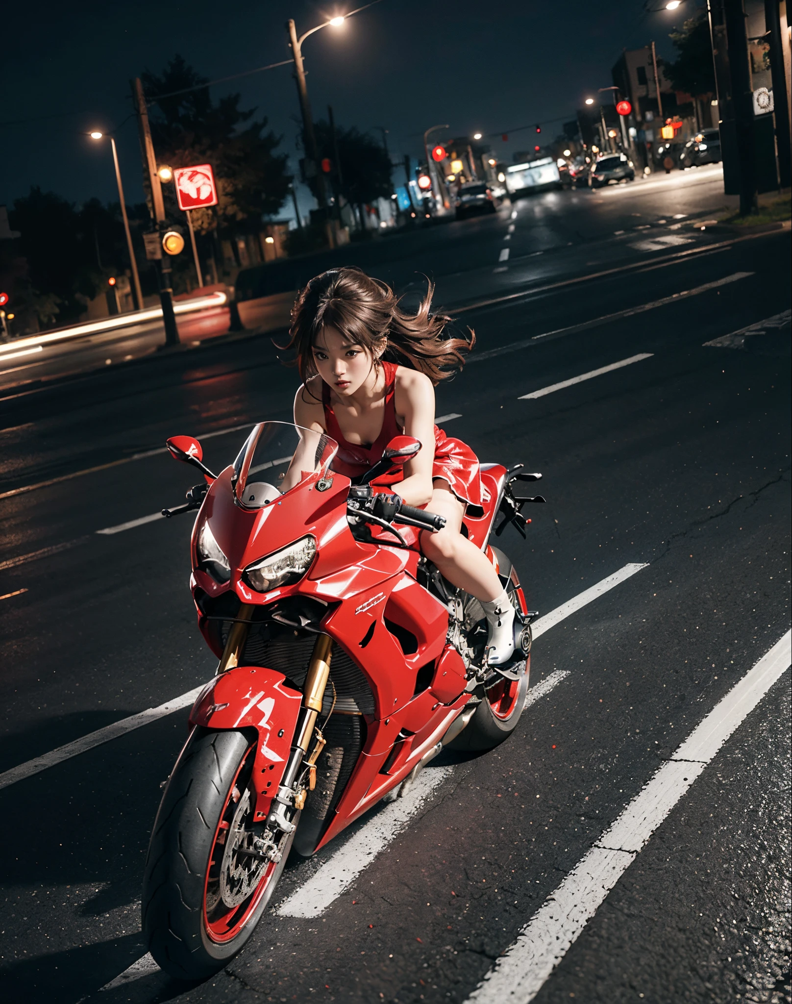 hight resolution、high-level image quality、in 8K、Real live-action、Raw photography、top-quality、masterpiece、masutepiece、(Soft Saturation:1)、(depth of fields:1.2)、(Ray traching:1.2)、Shot diagonally from above、mid night:1.3、optic、The background is a sci-fi future city at night.......、Light traces、Flowing light、heavy wind、Big red motorcycle speeding through the city at night、Young woman in a red dress sitting on a big red motorcycle on a blurred background, Beautiful face、kawaii faces、(Red Skin Jacket:1.2)、(Red short skirt:1.3)、white knee highs、(Red boots:1.2、Draw the toes:1.2)、perfect hand、perfect foot、perfect ankles、Perfect toes、Perfect toes、Perfect Heel:1.3、((Grasp the controller with both hands:1.2))、Slouched、put one'Upper body, Lower body:1.2、Sitting on the Ducati Panigale V4,Riding the Ducati Panigale V4, Sci-fi style bikes, Sci-fi style bikes, Ducati Panigale V4 Motorcycle Rider, How to ride the Ducati Panigale V4, (Draw left and right rearview mirrors:1.3)、headlights shine blue、picture of a female biker, motorbike,Motorcycle displacement: Ducati Panigale V4 Details、motion-blur、raise white smoke、