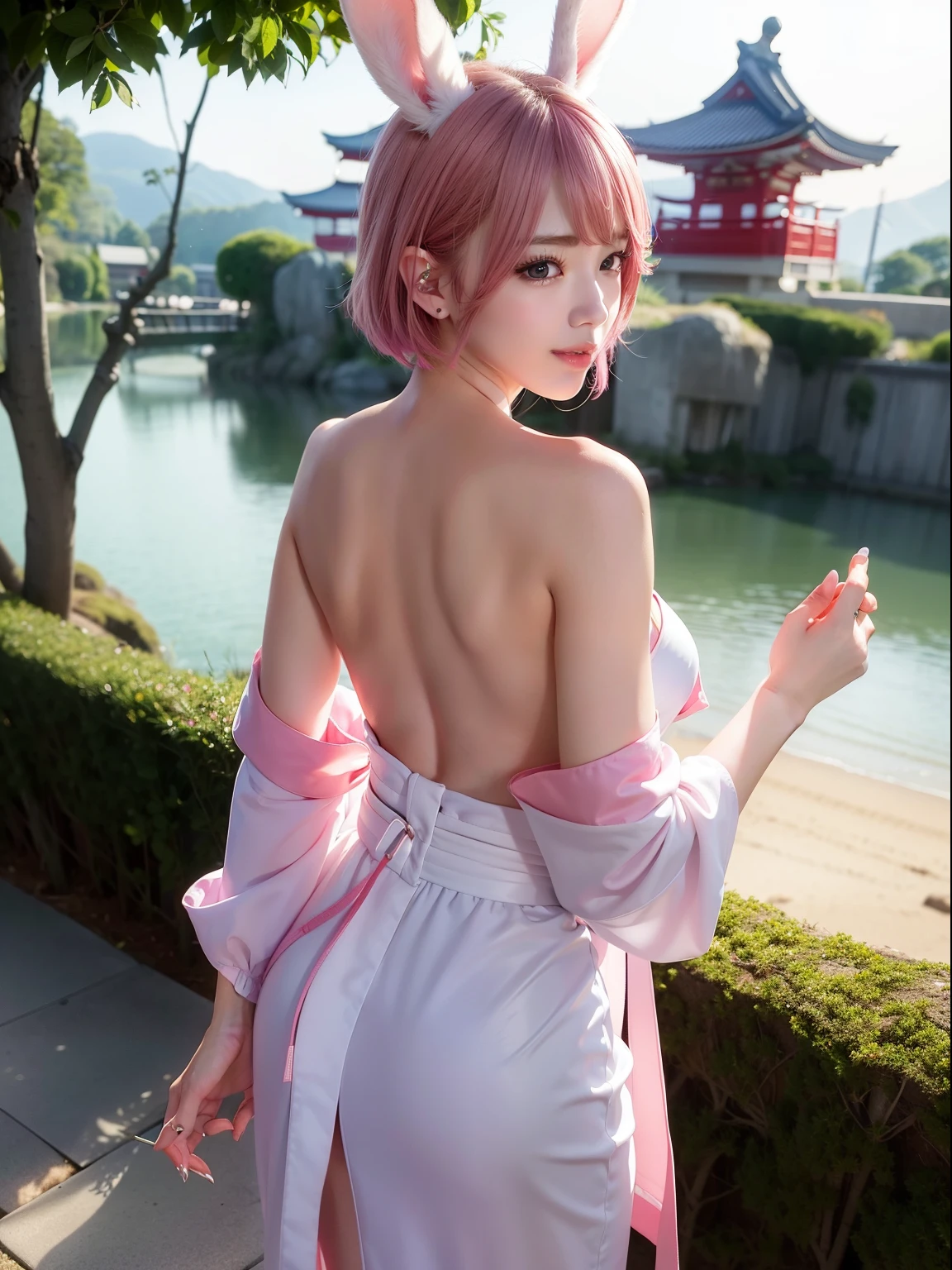 sakura from naruto, (((huge ass))), round breast, ((slender body, thin waist)), Big ass and hip, pink hair, detailed face, realisitic、top-quality、1girl in,Cat's ears、Pink hair ,  Short hair、Saliva、Choker,orgasm  、 pinkPVC Bikini ,Big breasts、all-fours,profetional lighting