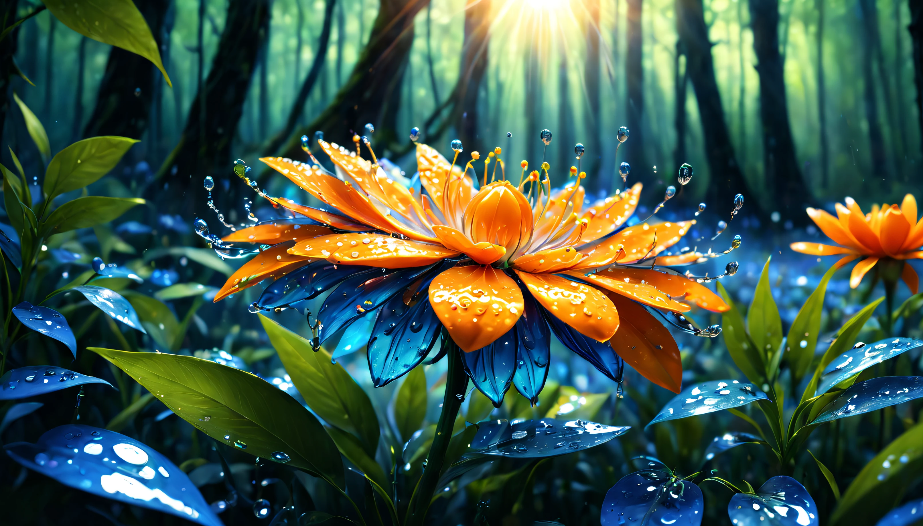 a wet orange in the form of a flower,a tangerine flower,a flower in the form of a tangerine, a blue glow emanates from it to the cut of the petals,gradient petals from orange to transparent, among other types of flowers, grows in the forest,a magical fairy-tale forest,behind the flower the bright sun shines with rays, clear details,hyper-drawing of flower details, high quality 8L, full HD 16L,high quality 8L, full hd 16K