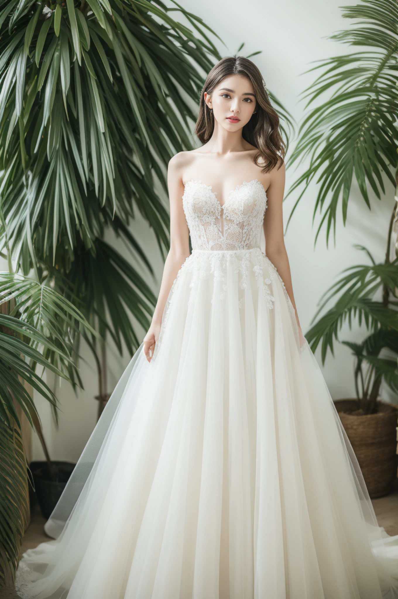Best quality, 8k, 32k, Masterpiece, Masterpiece, (Photorealistic: 1.4), RAW photo, ultra realistic, 1girl，Fashion model, Wearing a white ballgown wedding dress, tulle fabric, full length view, pose in white room with indoor decorative palm tree, Stand upright